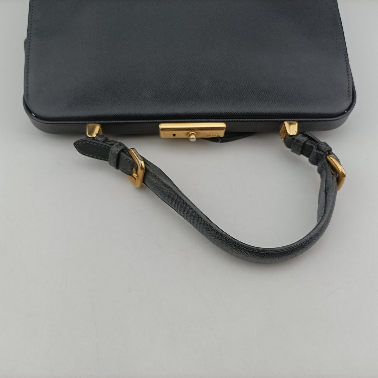 Framed Top Handle Tote Black Saffiano Leather 7/9