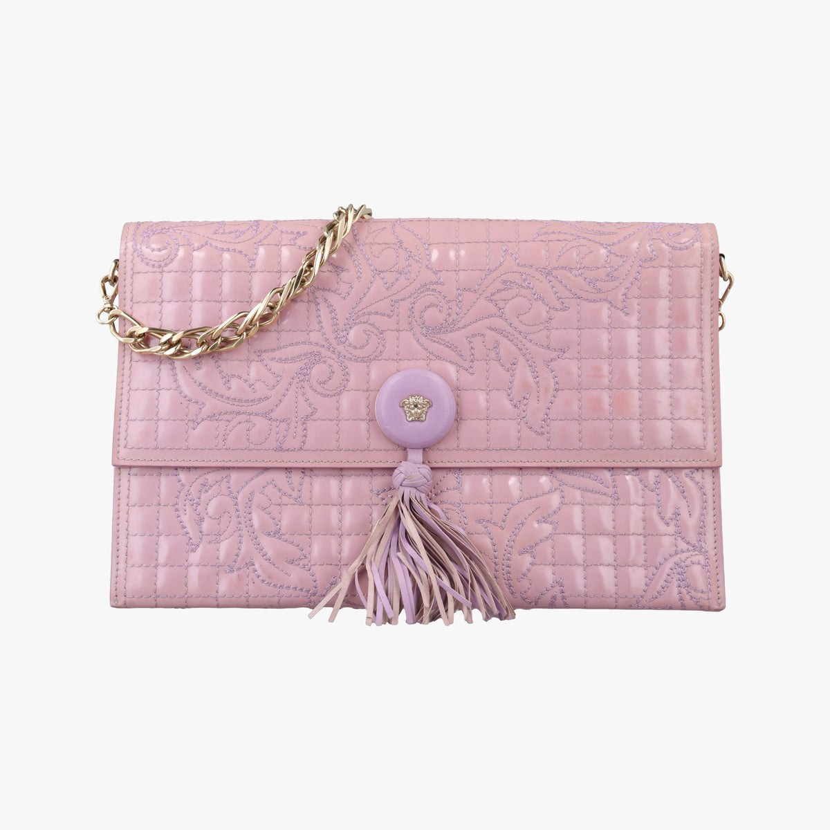 Pre-owned VERSACE Medusa quilted chain Pink Patent  shoulderbag | stylenewstar