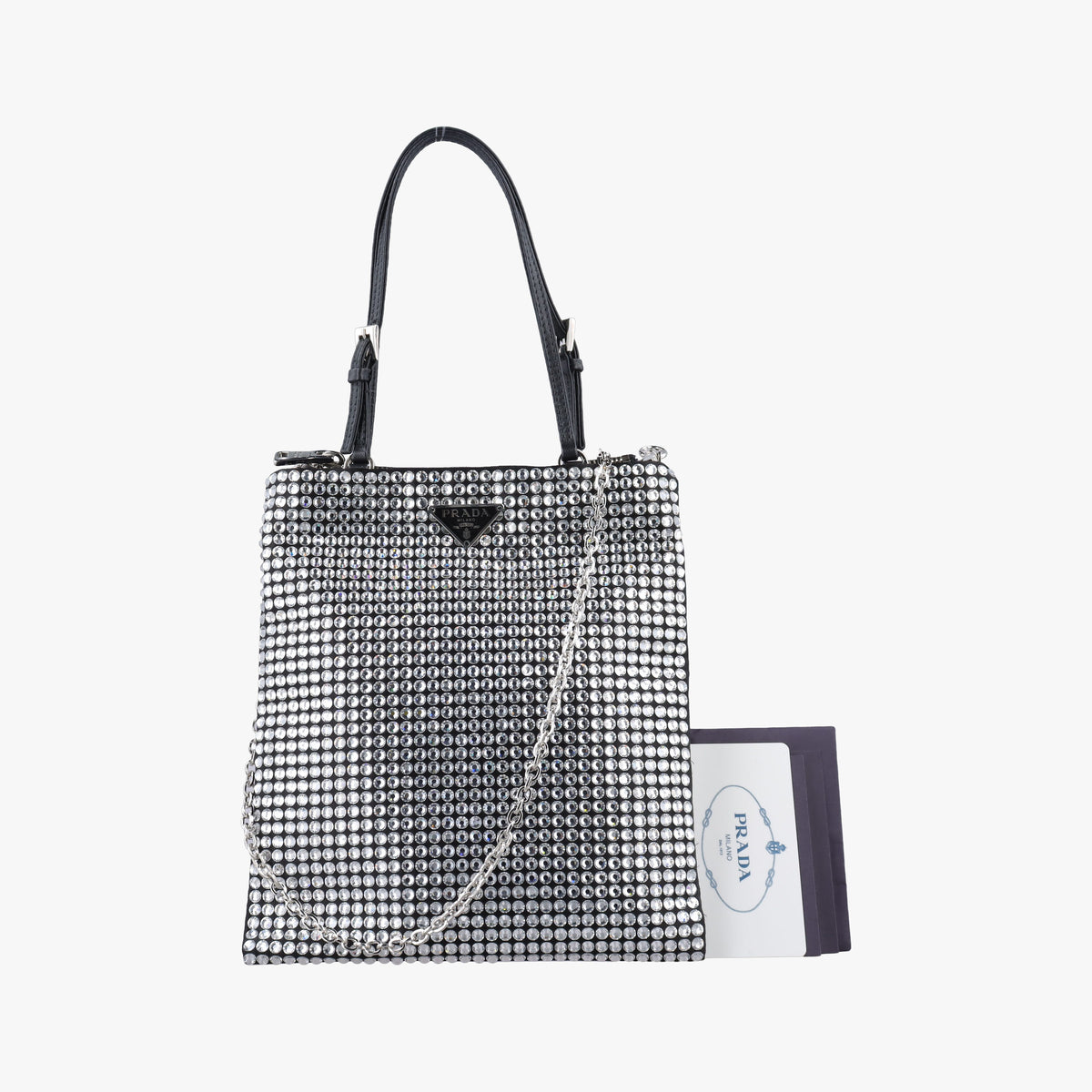 Pre-owned Prada Rosa Satin Crystal Mini Tote Black x Silver Rhinestone 1BA253 shoulderbag | stylenewstar