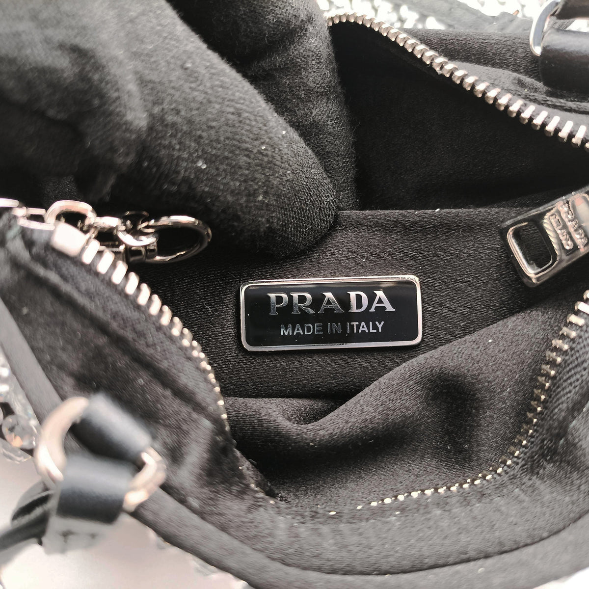 Pre-owned Prada Rosa Satin Crystal Mini Tote Black x Silver Rhinestone 1BA253 shoulderbag | stylenewstar