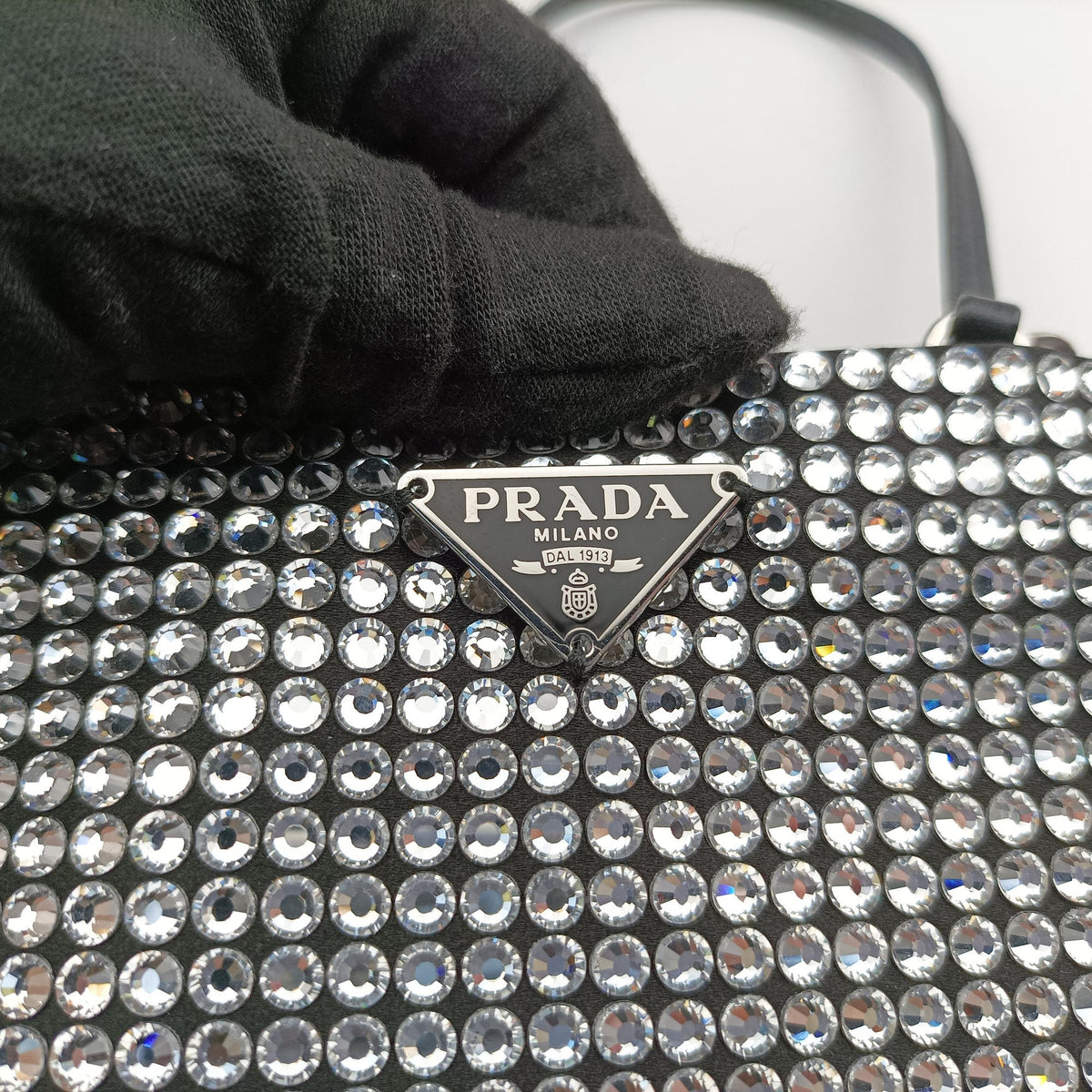 Pre-owned Prada Rosa Satin Crystal Mini Tote Black x Silver Rhinestone 1BA253 shoulderbag | stylenewstar