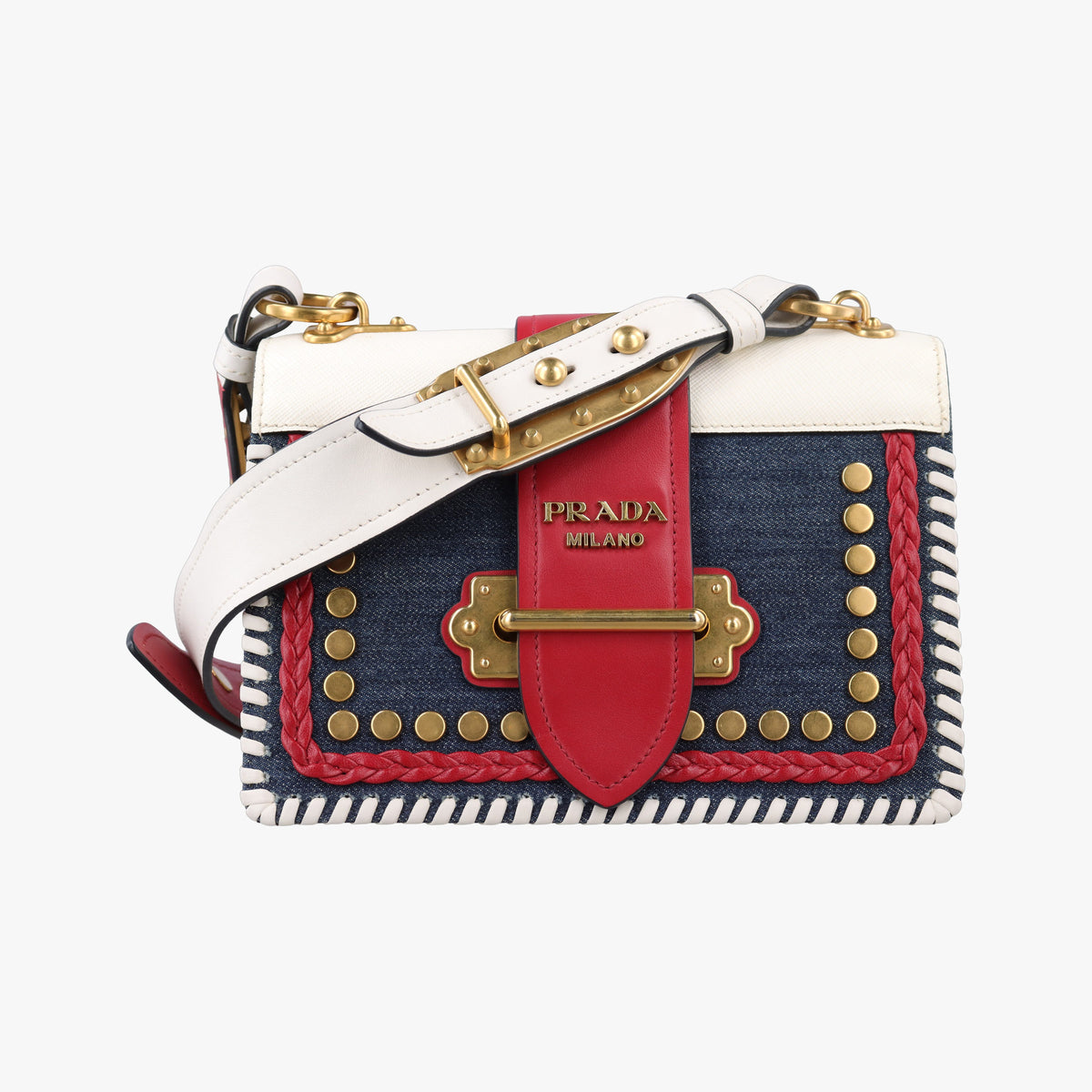 Vintage Prada Cahier tassen Leder Multicolour Leather×Denim 1BD045 shoulderbag | stylenewstar