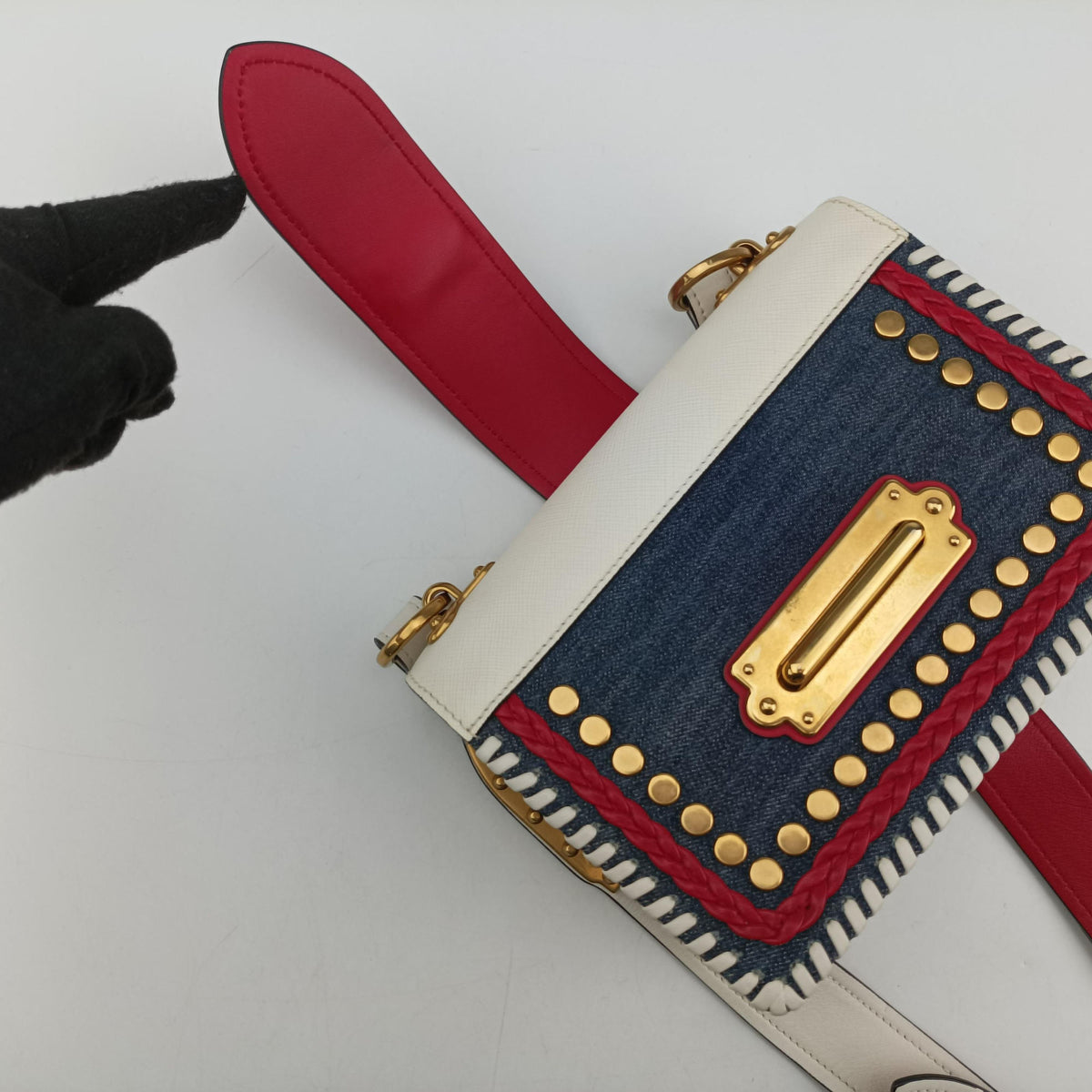 Vintage Prada Cahier tassen Leder Multicolour Leather×Denim 1BD045 shoulderbag | stylenewstar