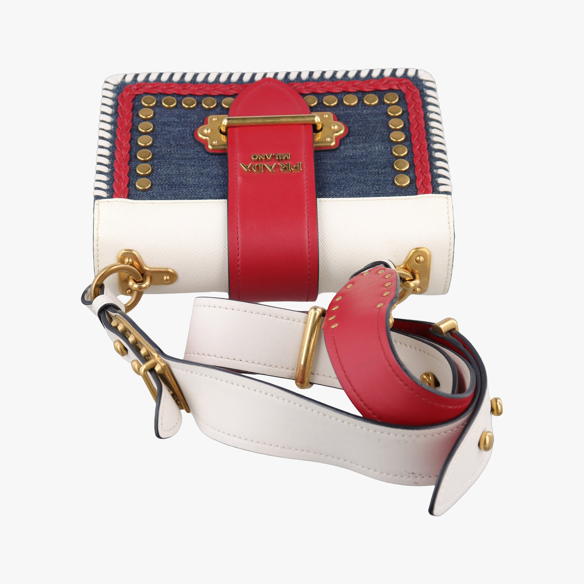 Vintage Prada Cahier tassen Leder Multicolour Leather×Denim 1BD045 shoulderbag | stylenewstar