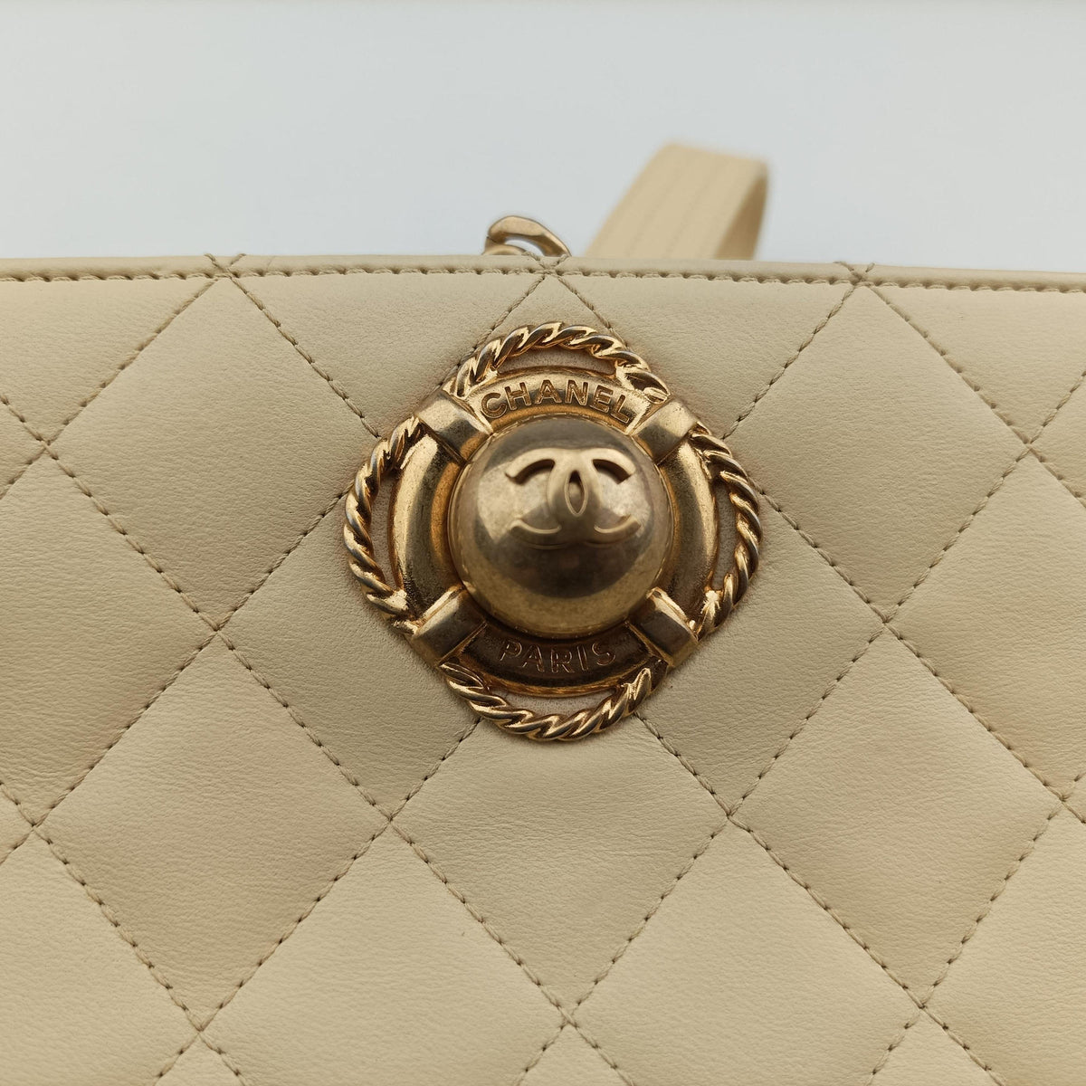 Vintage Chanel CC Button Timeless Wristlet Clutch Bag Beige lambskin AS0178 handbag | stylenewstar