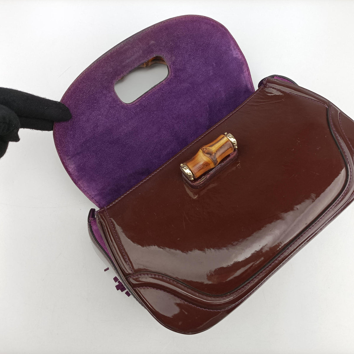 Pre-owned Gucci New Bamboo Purple Patent Leather 254884 shoulderbag | stylenewstar