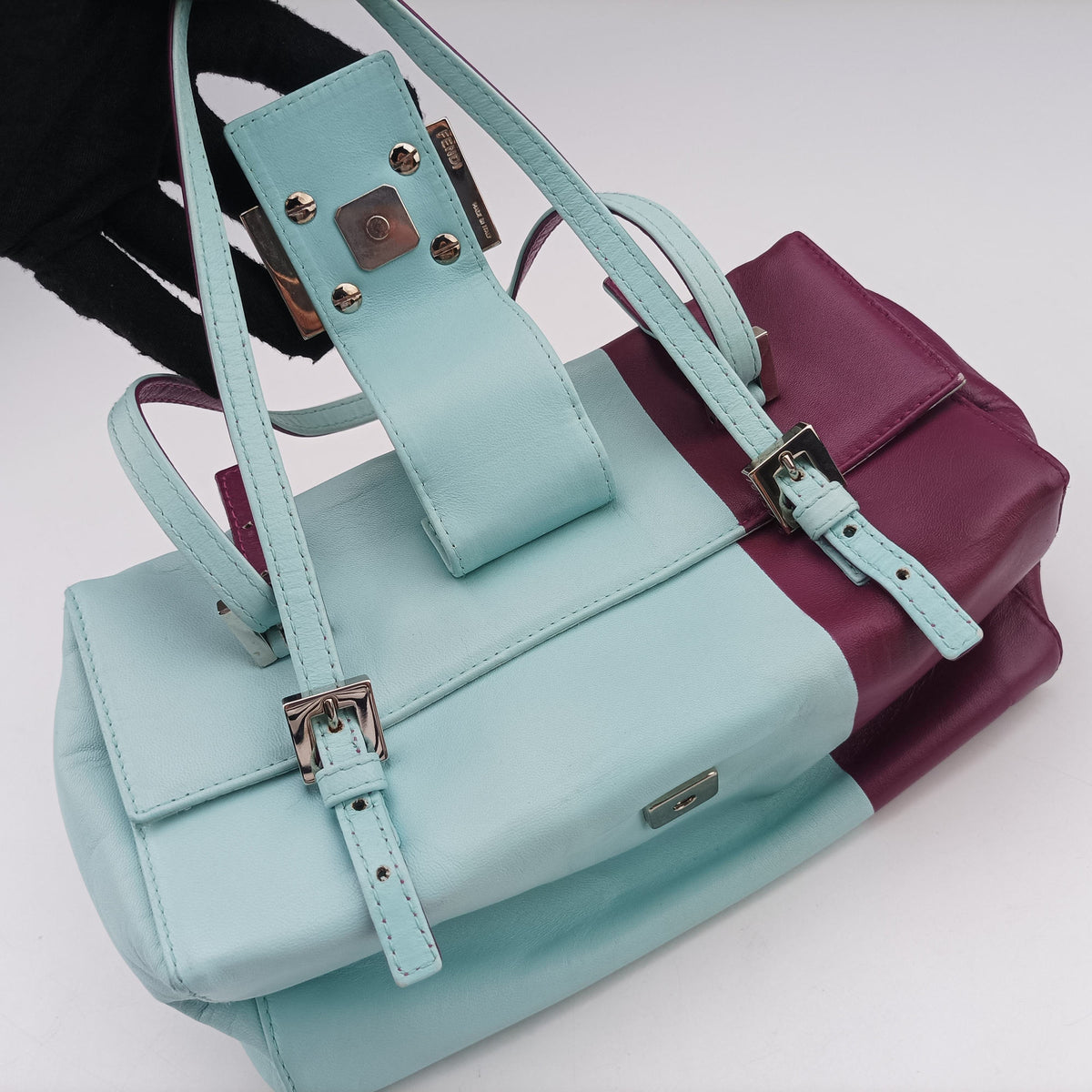 Pre-owned Fendi Bento box Blue x Purple Leather 26790 handbag | stylenewstar