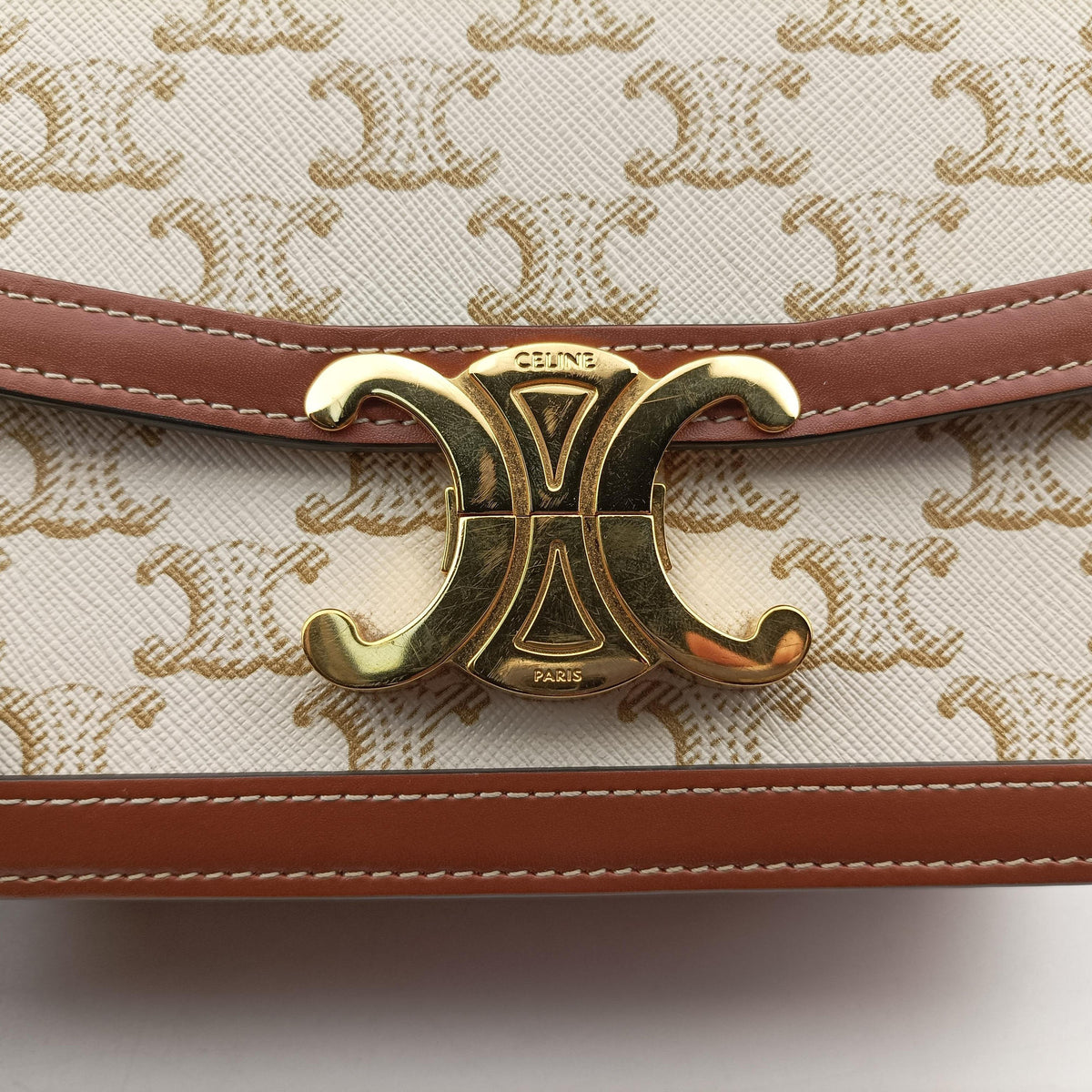 Pre-owned Celine Teen Triomphe White×brown PVC coated canvas  shoulderbag | stylenewstar