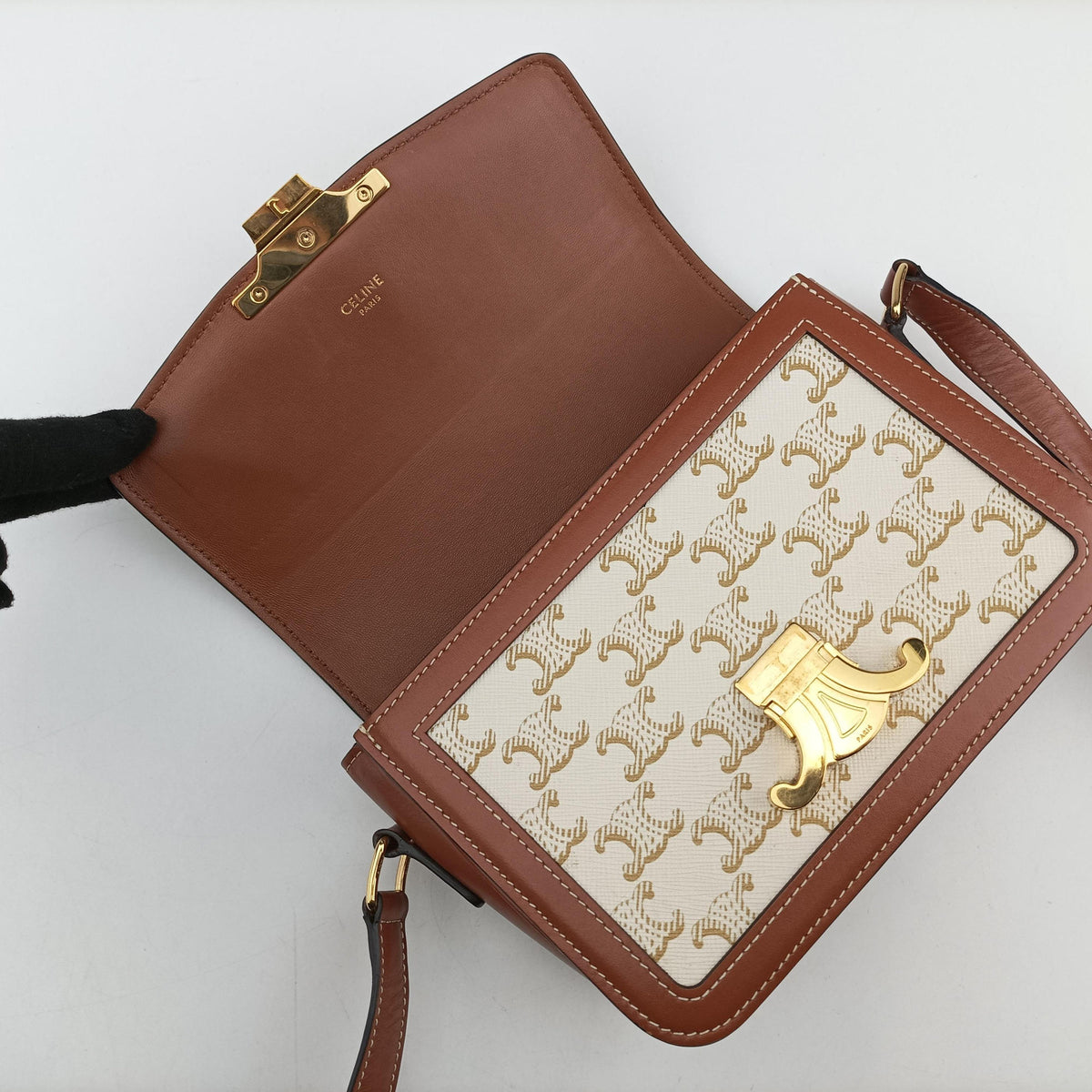 Pre-owned Celine Teen Triomphe White×brown PVC coated canvas  shoulderbag | stylenewstar