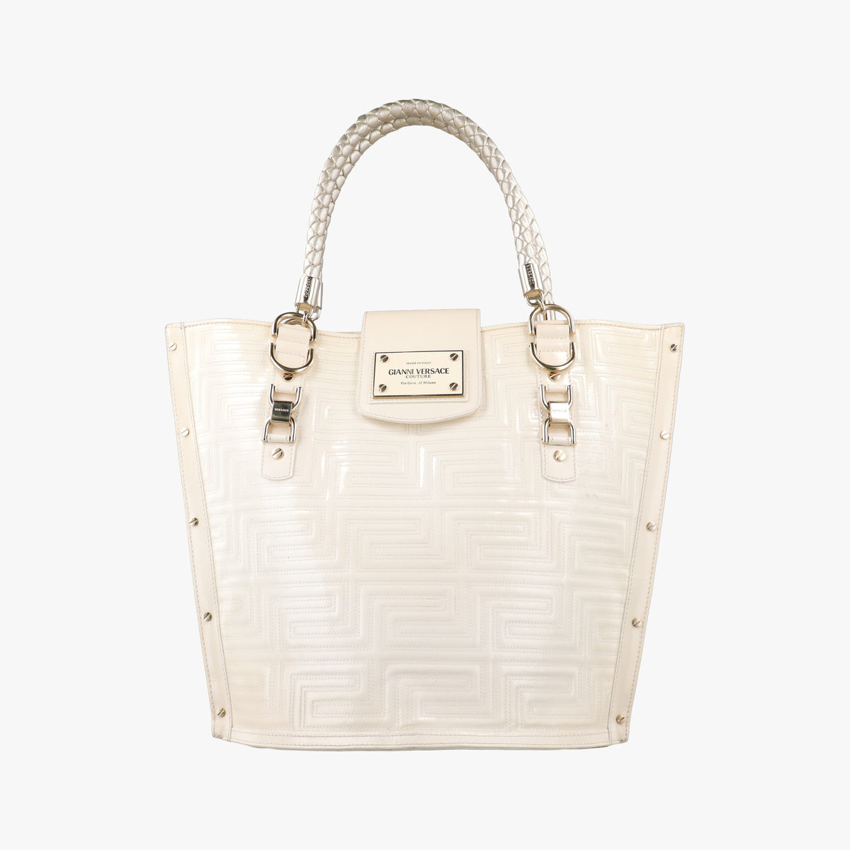 Pre-owned VERSACE Snap Out Of It White Patent  handbag | stylenewstar