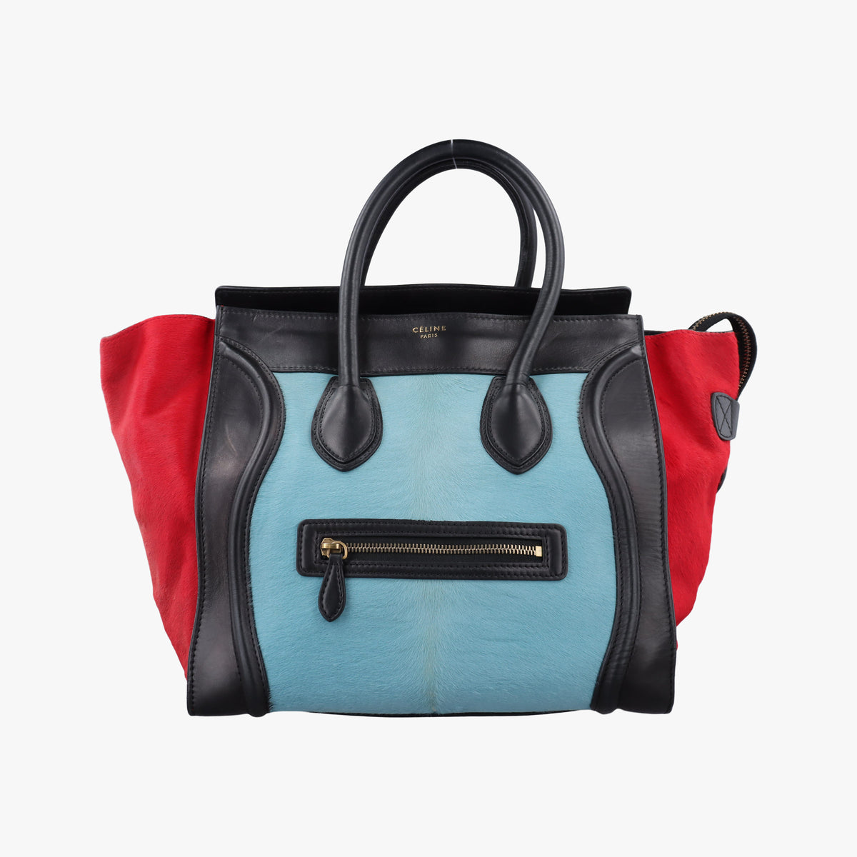 Vintage Celine Luggage Mini Shopper Black×Blue×Red Leather×Ponyhair  handbag | stylenewstar