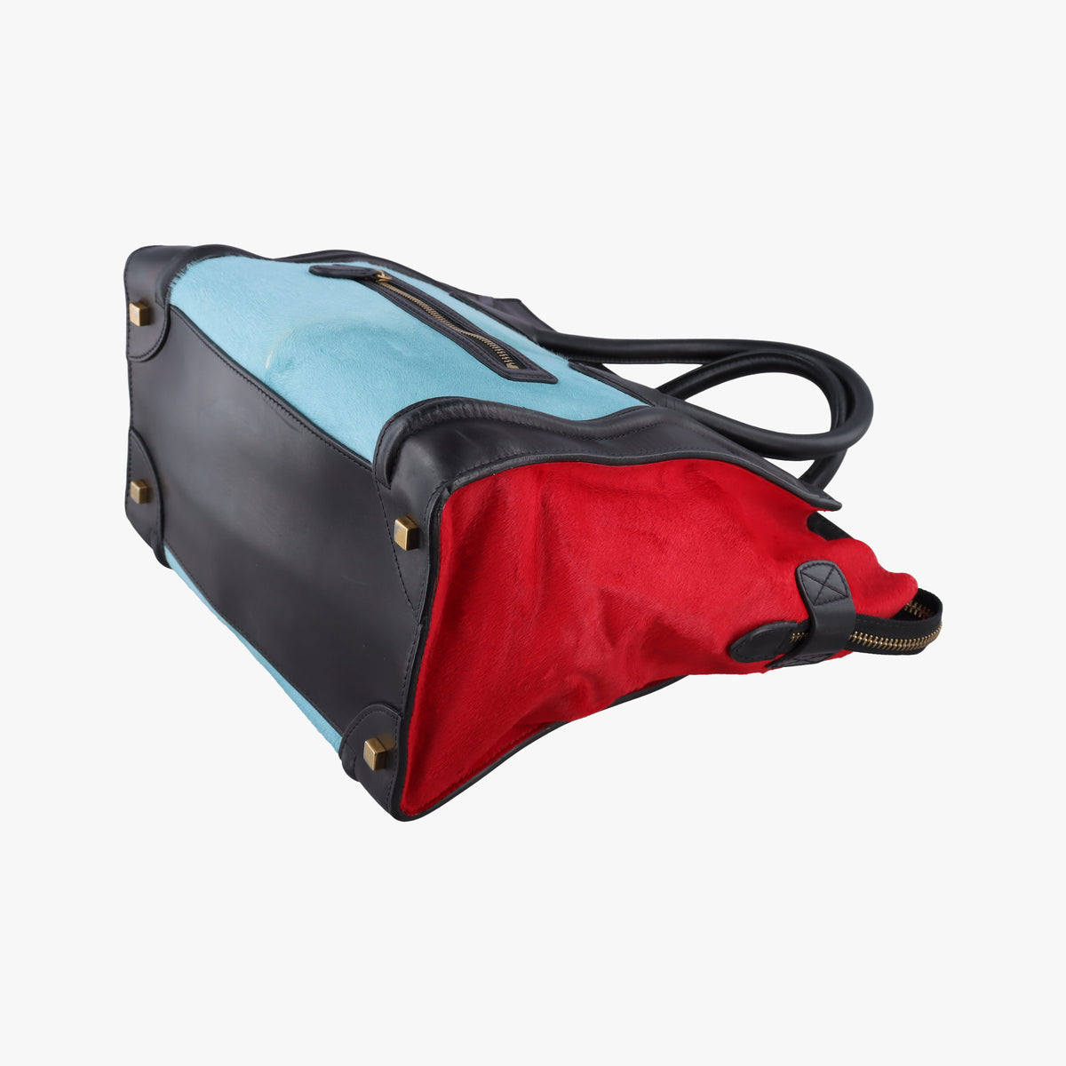 Vintage Celine Luggage Mini Shopper Black×Blue×Red Leather×Ponyhair  handbag | stylenewstar