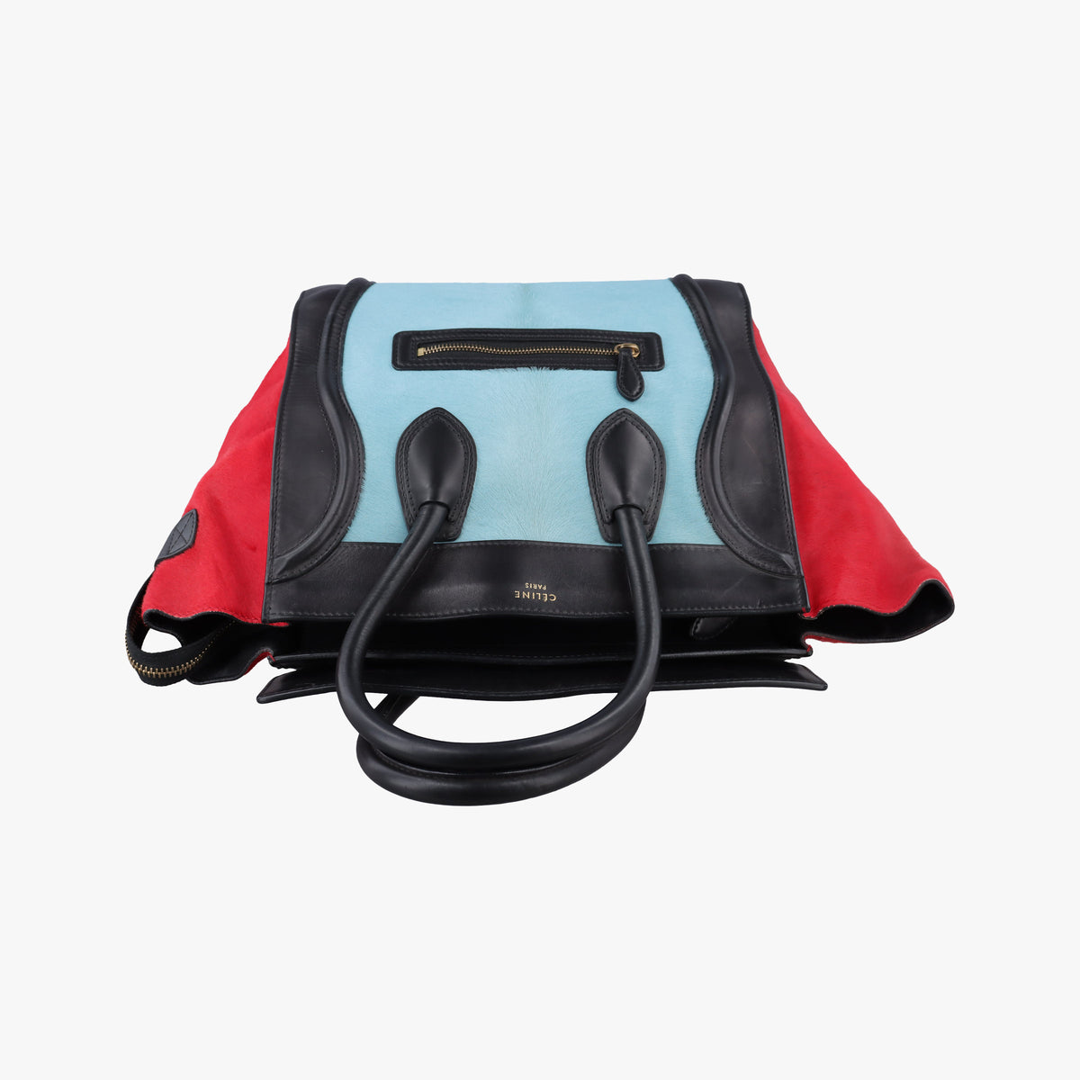 Vintage Celine Luggage Mini Shopper Black×Blue×Red Leather×Ponyhair  handbag | stylenewstar