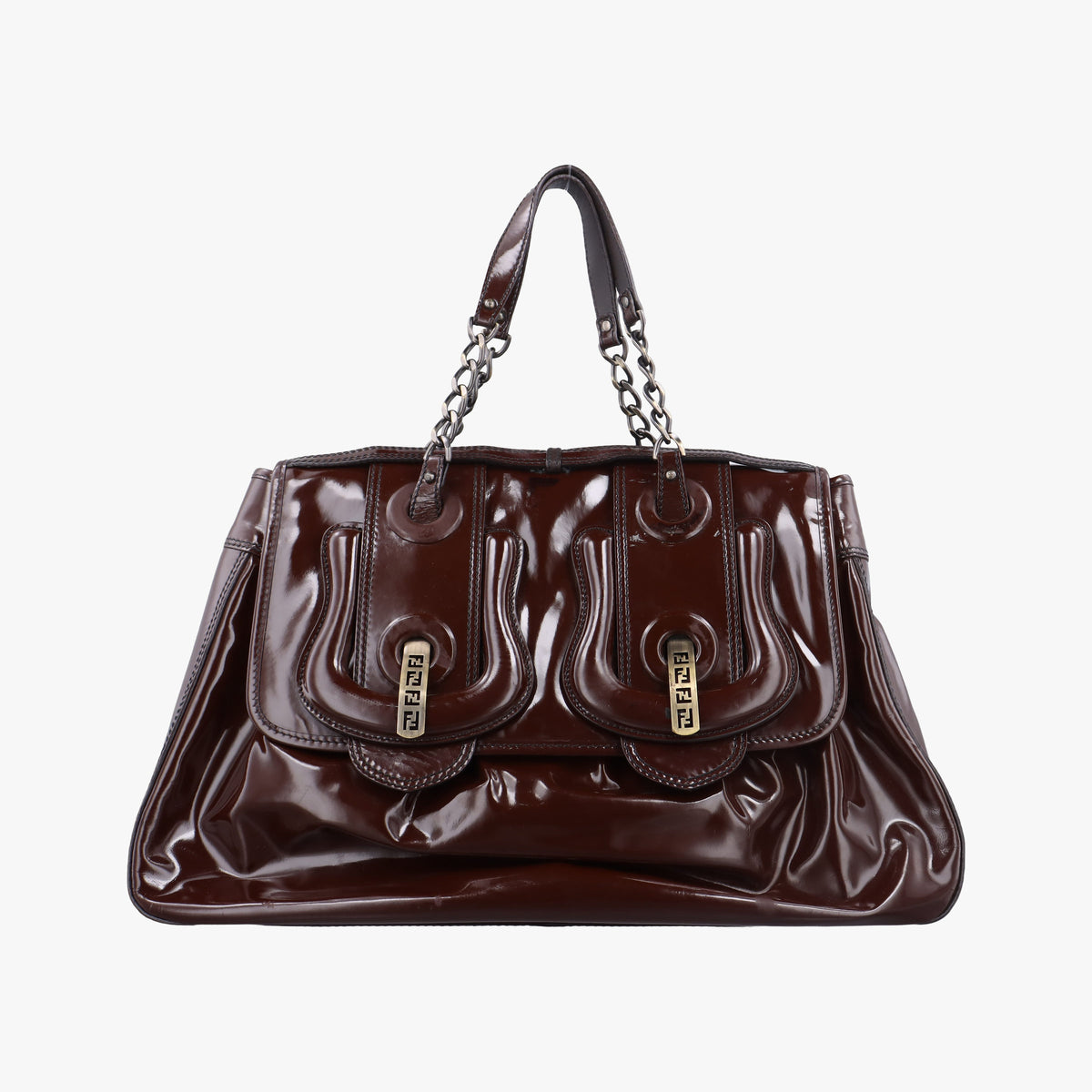 Pre-owned Fendi B Bag Red Brown Patent 8BN166 shoulderbag | stylenewstar