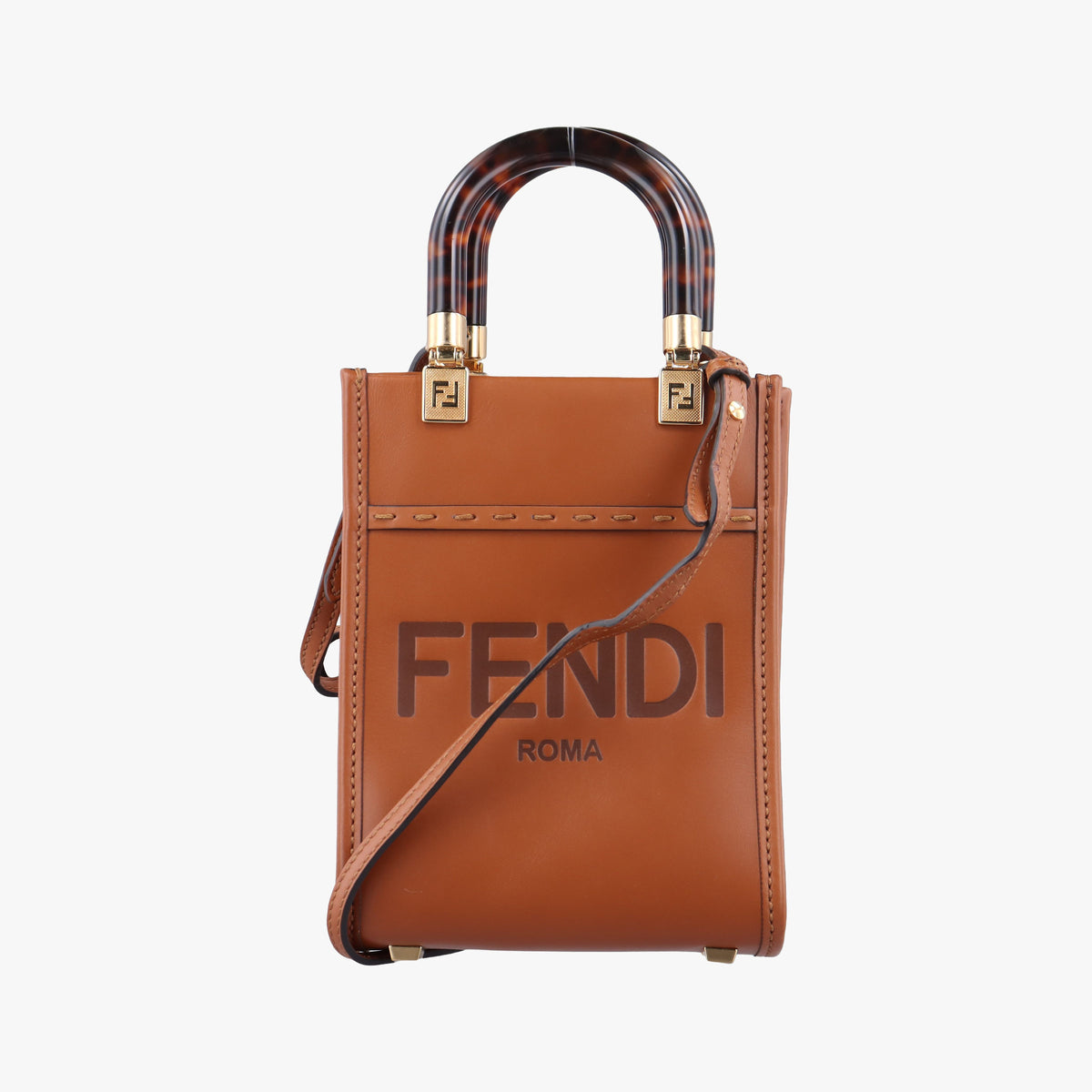 Pre-owned Fendi MINI SUNSHINE SHOPPER Camel Leather 8BS051 shoulderbag | stylenewstar