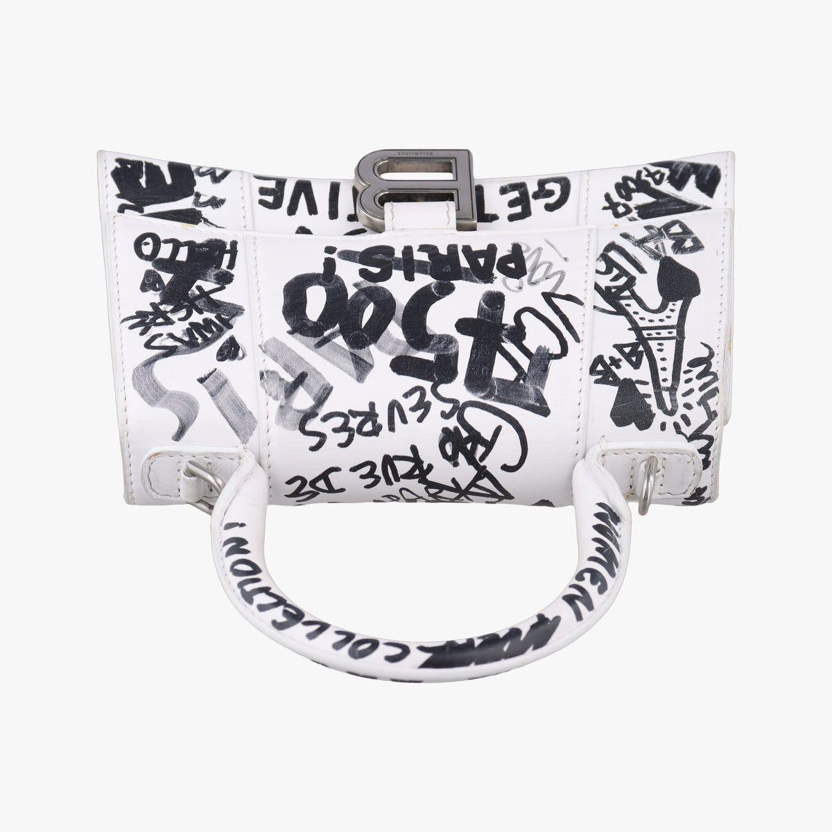 Pre-owned Balenciaga Hourglass Graffiti White×Black Leather  shoulderbag | stylenewstar