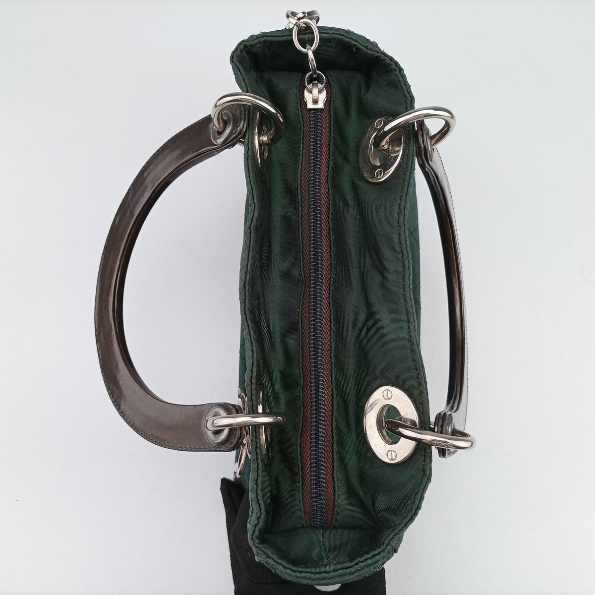 Pre-owned Christian Dior Lady Dior Green Nylon×Patent  handbag | stylenewstar