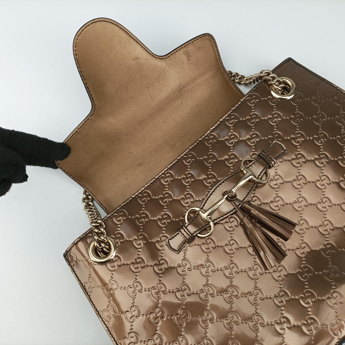 Secondhand Gucci Emily Golden Brown Patent Leather 295403 shoulderbag | stylenewstar