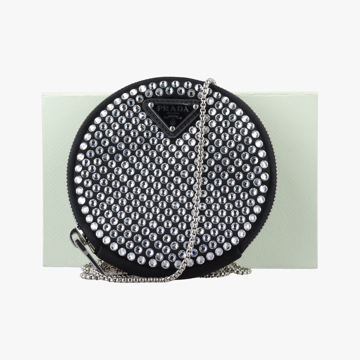 Pre-owned Prada crystal-embellished round Black Rhinestone 1NR003 shoulderbag | stylenewstar