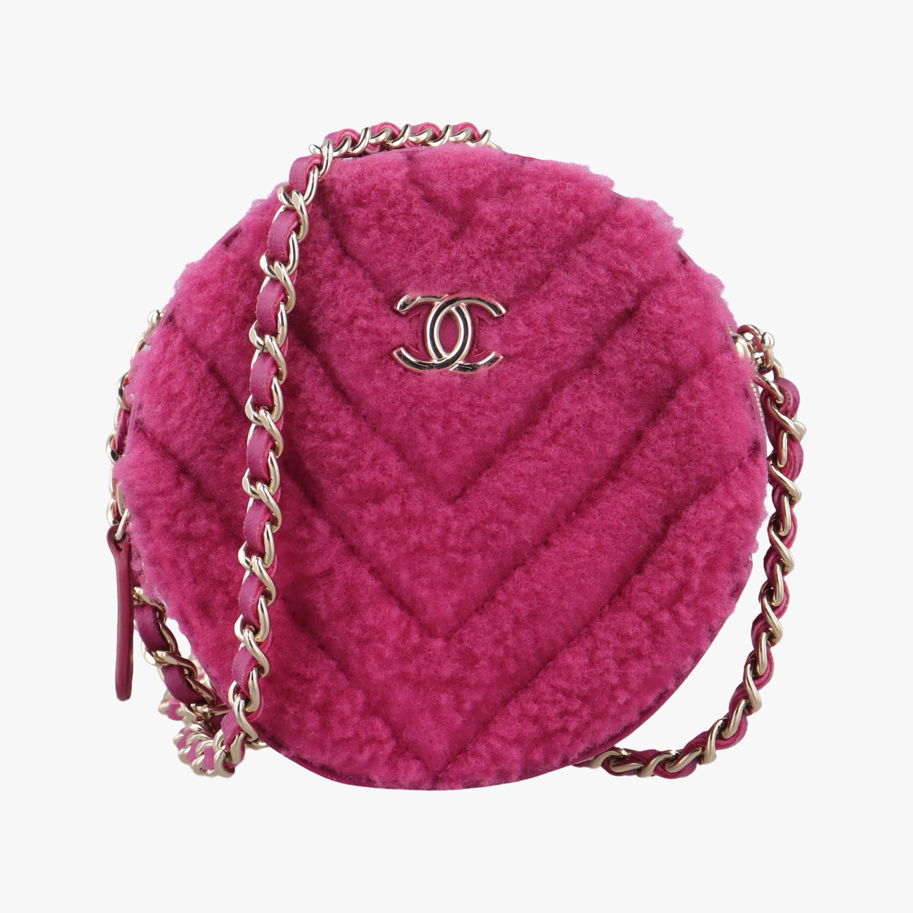 Pre-owned Chanel ROUND SHEARLING COCO NEIGE pink Fur x Leather  AP0932 shoulderbag | stylenewstar