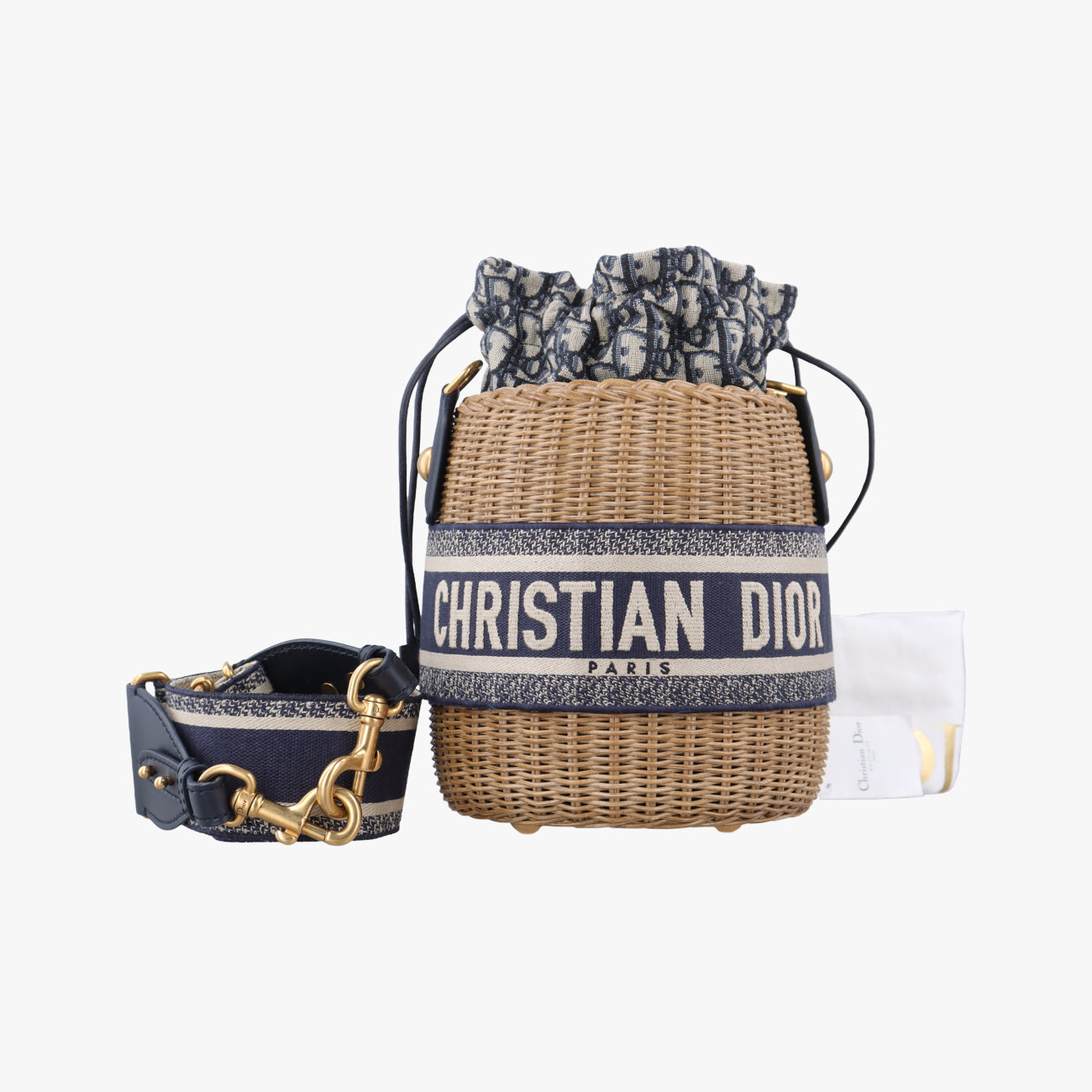 Pre-owned Christian Dior Wicker Basket Navy x Grey x Beige Natural wicker x Dior oblique jacquard  shoulderbag | stylenewstar