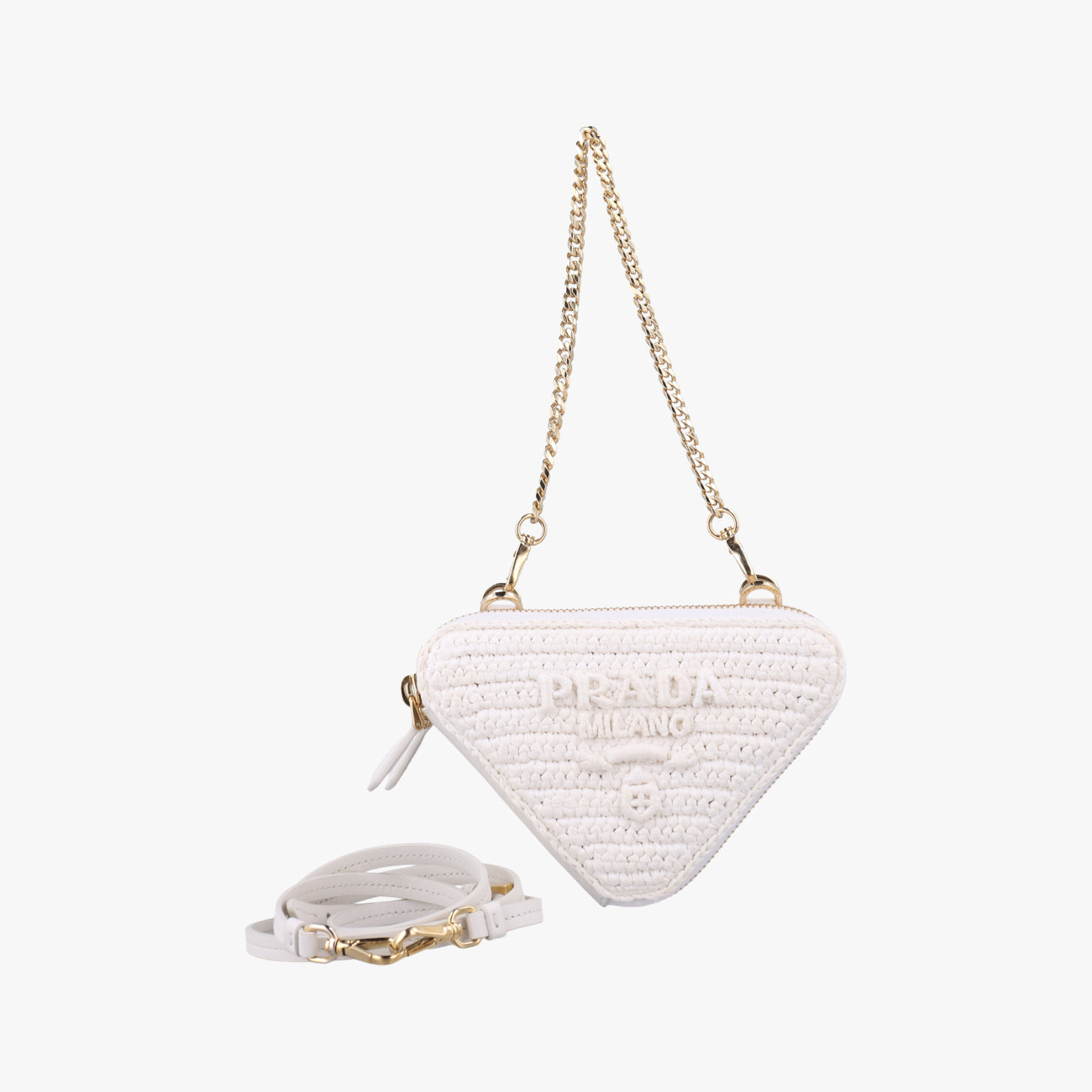 Pre-owned Prada Triangle Logo White Straw  shoulderbag | stylenewstar
