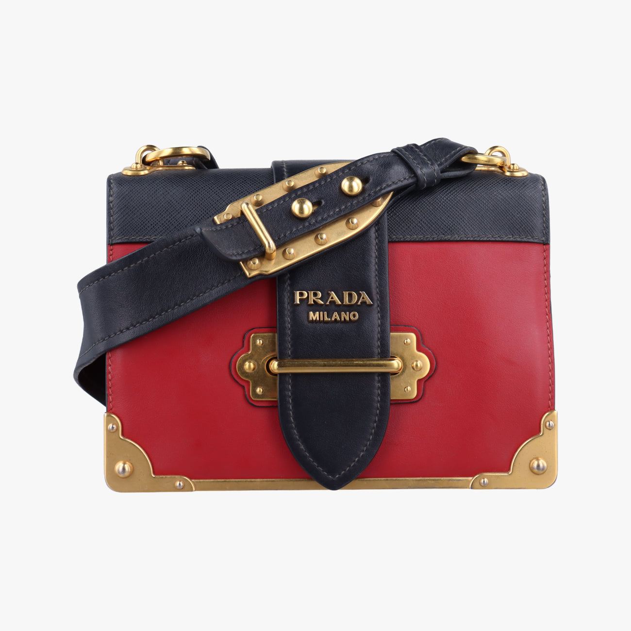 Pre-owned Prada Cahier Red×Black Leather 1BD045 shoulderbag | stylenewstar