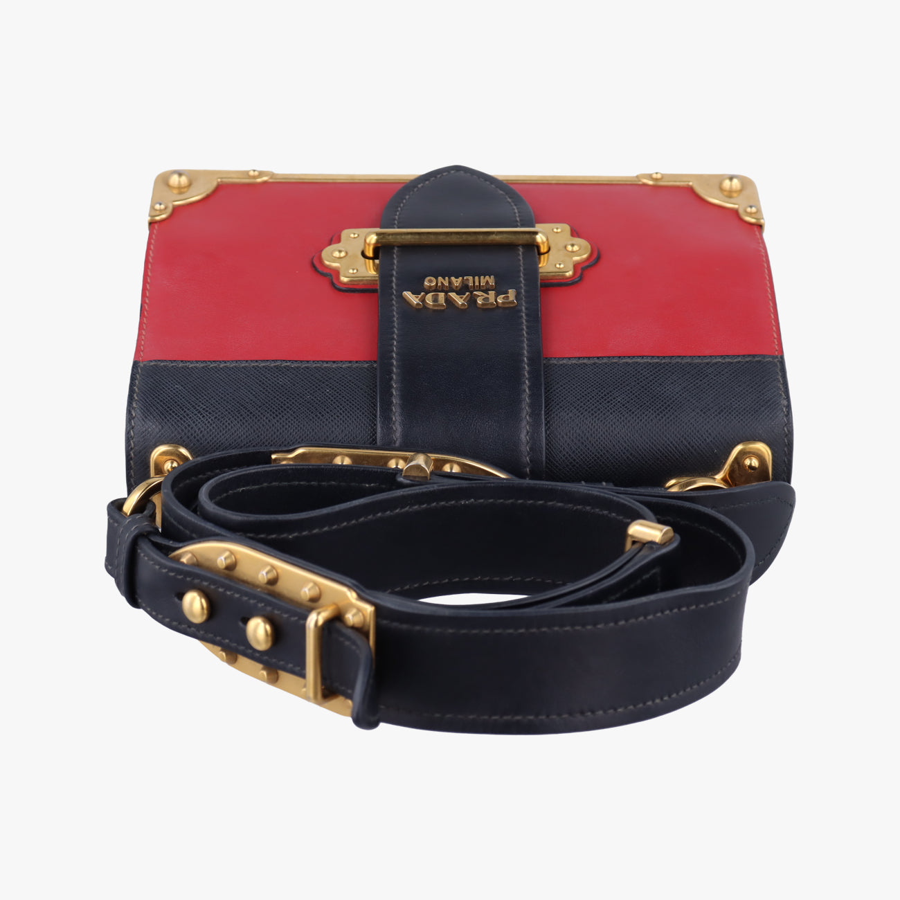 Pre-owned Prada Cahier Red×Black Leather 1BD045 shoulderbag | stylenewstar