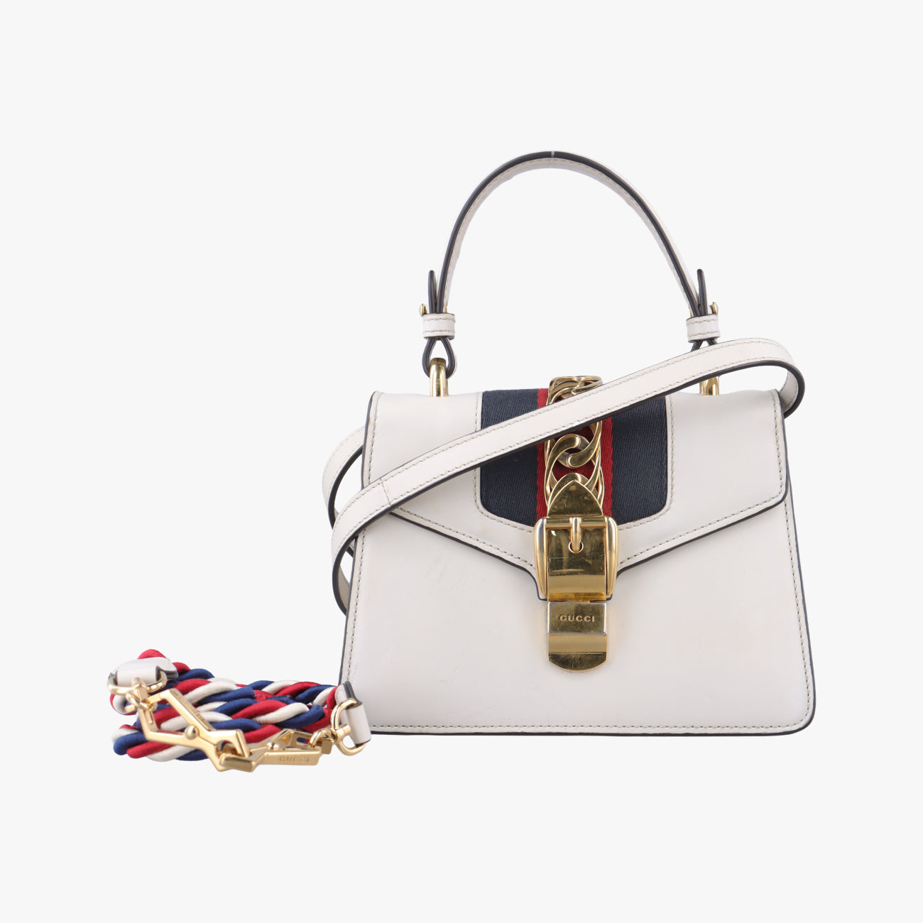 Pre-owned Gucci Sylvie Ivory× navy × red Leather 470270 shoulderbag | stylenewstar