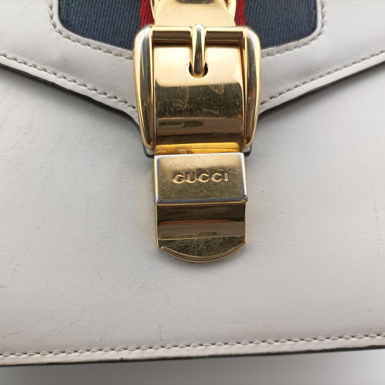 Pre-owned Gucci Sylvie Ivory× navy × red Leather 470270 shoulderbag | stylenewstar