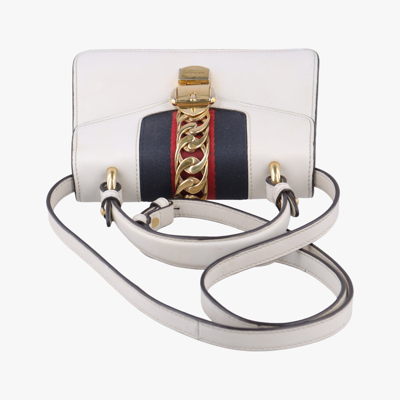 Pre-owned Gucci Sylvie Ivory× navy × red Leather 470270 shoulderbag | stylenewstar