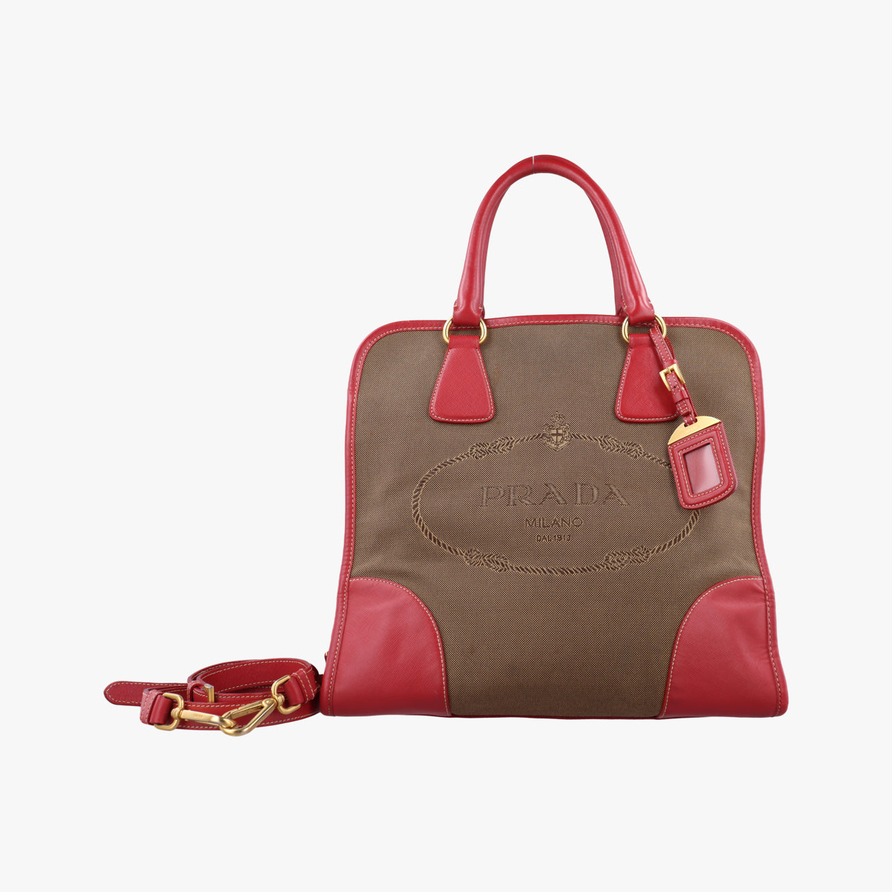 Secondhand Prada Logo Jacquard Beige×red Canvas × SAFFIANO Leather BN2254 shoulderbag | stylenewstar