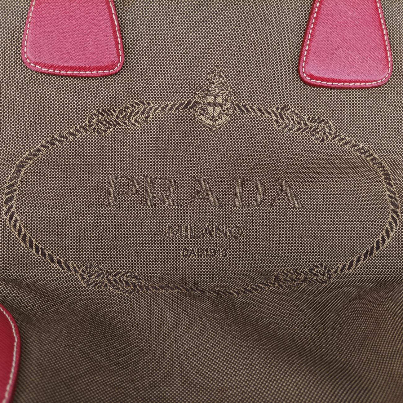 Secondhand Prada Logo Jacquard Beige×red Canvas × SAFFIANO Leather BN2254 shoulderbag | stylenewstar