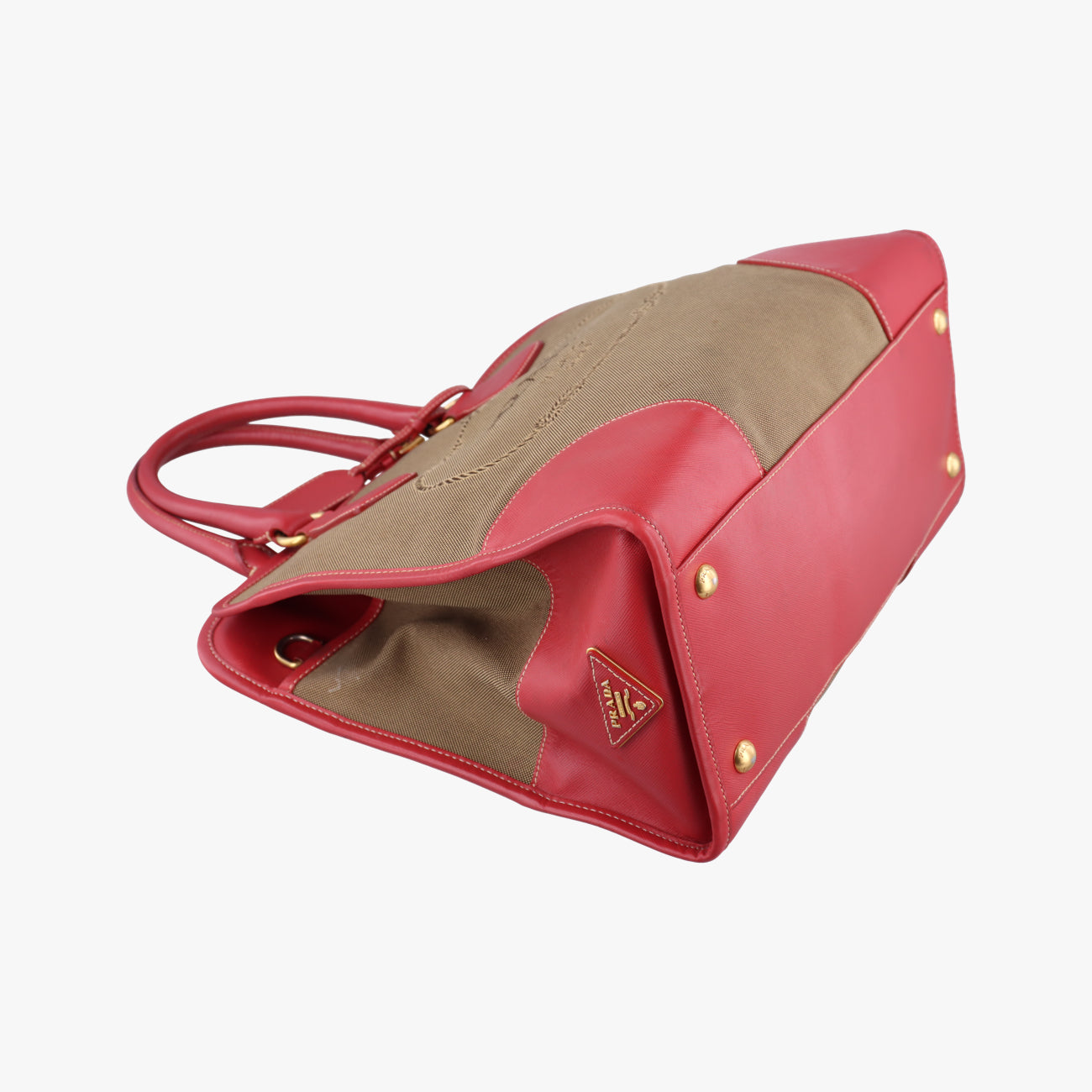 Secondhand Prada Logo Jacquard Beige×red Canvas × SAFFIANO Leather BN2254 shoulderbag | stylenewstar