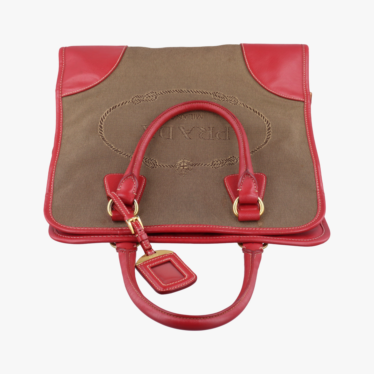 Secondhand Prada Logo Jacquard Beige×red Canvas × SAFFIANO Leather BN2254 shoulderbag | stylenewstar