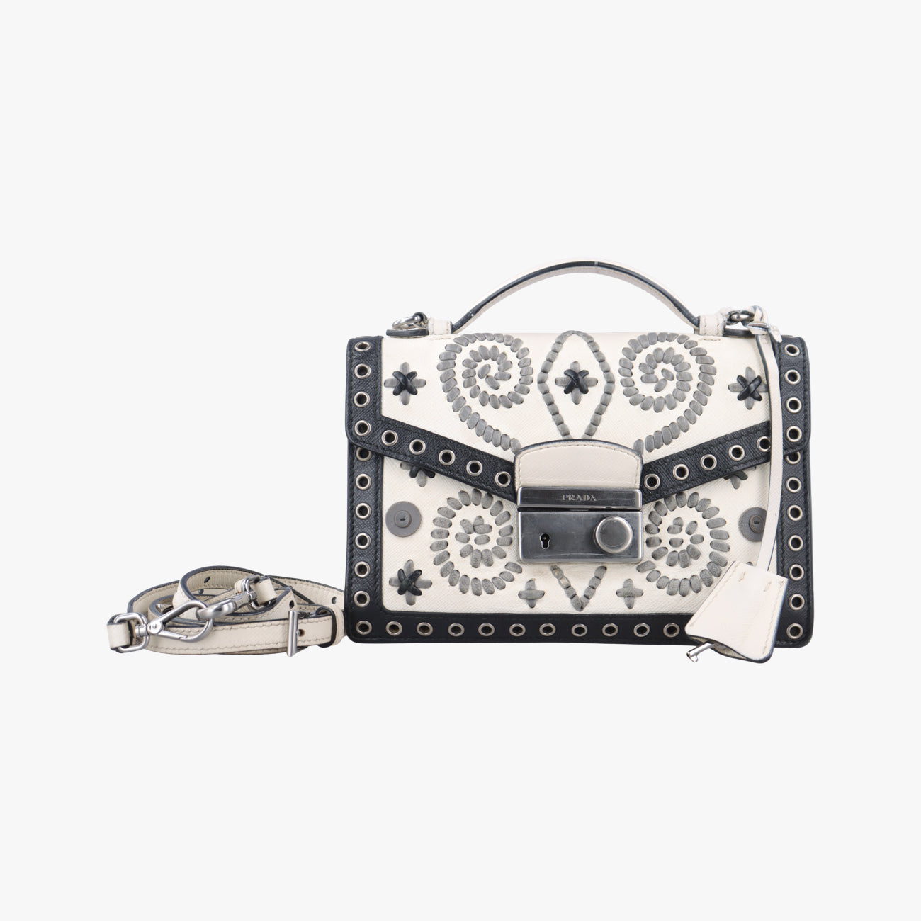 Secondhand Prada Embroidered Sound Black x White x Gray SAFFIANO Leather  shoulderbag | stylenewstar