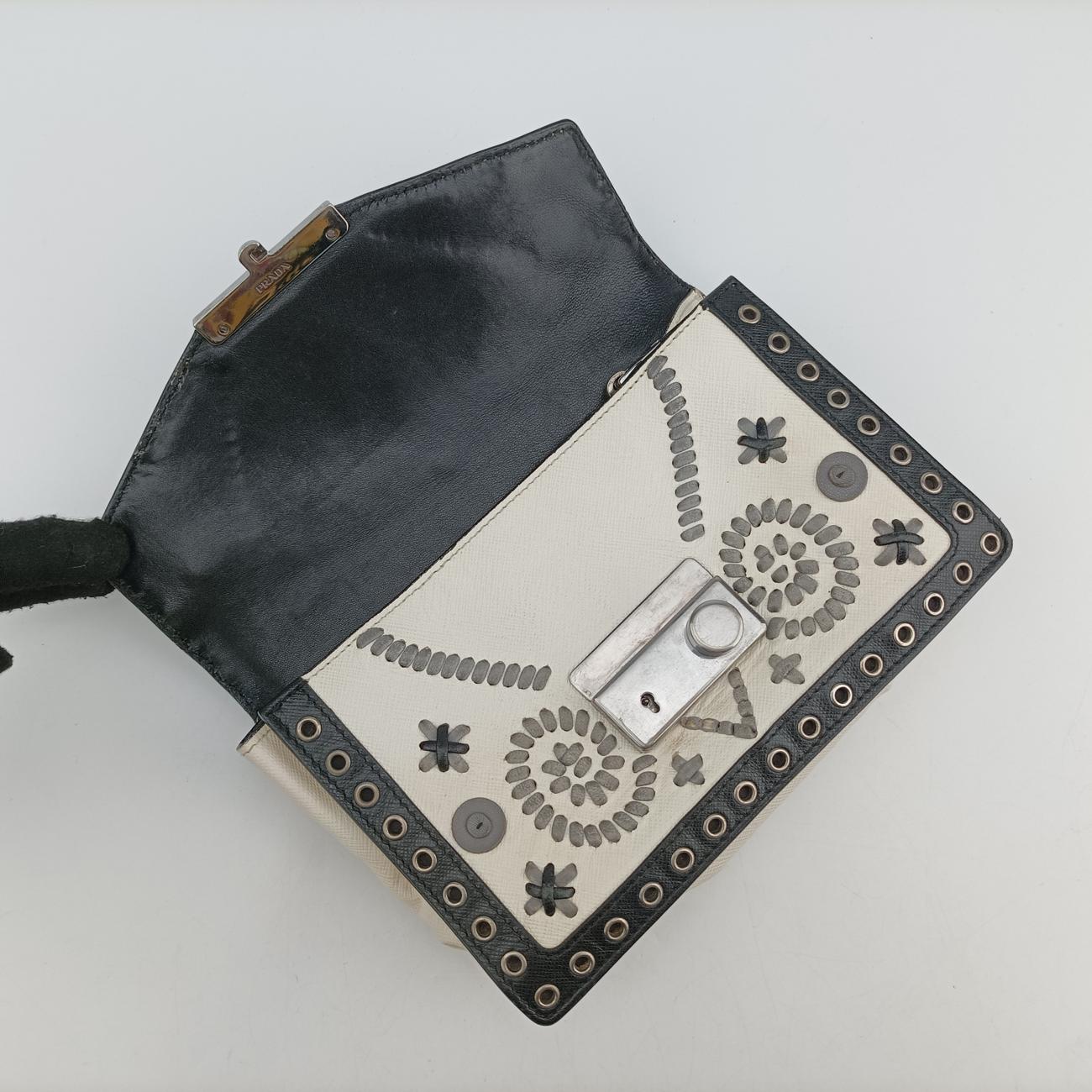 Secondhand Prada Embroidered Sound Black x White x Gray SAFFIANO Leather  shoulderbag | stylenewstar