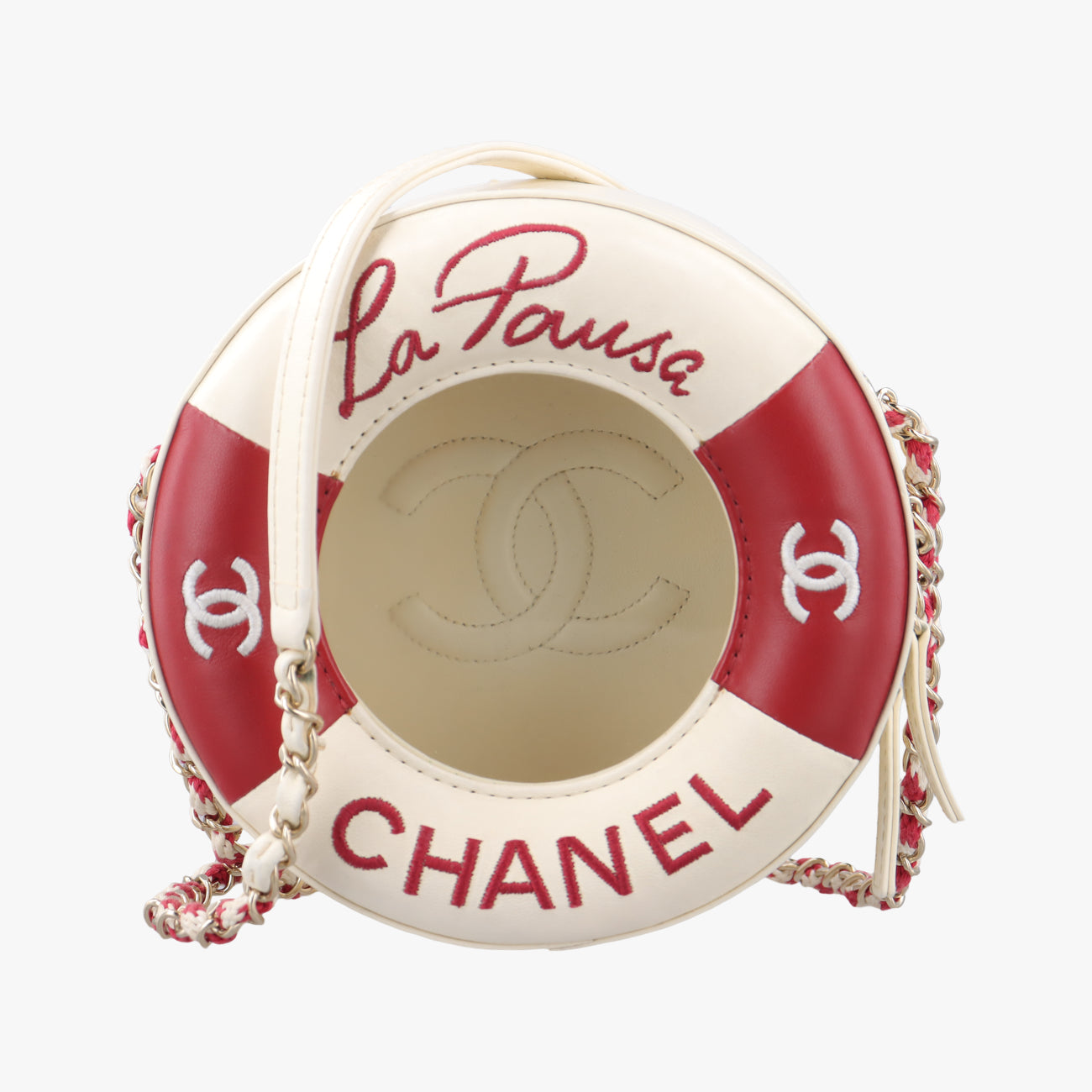 Pre-owned Chanel La Pausa Coco Lifesaver Round White×Red lambskin AS0209 shoulderbag | stylenewstar