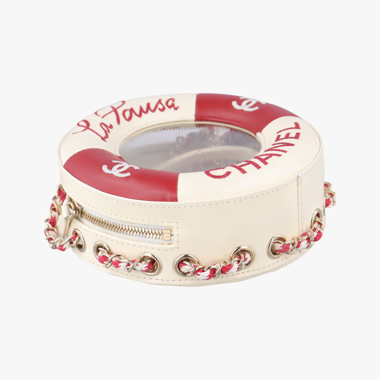 Pre-owned Chanel La Pausa Coco Lifesaver Round White×Red lambskin AS0209 shoulderbag | stylenewstar