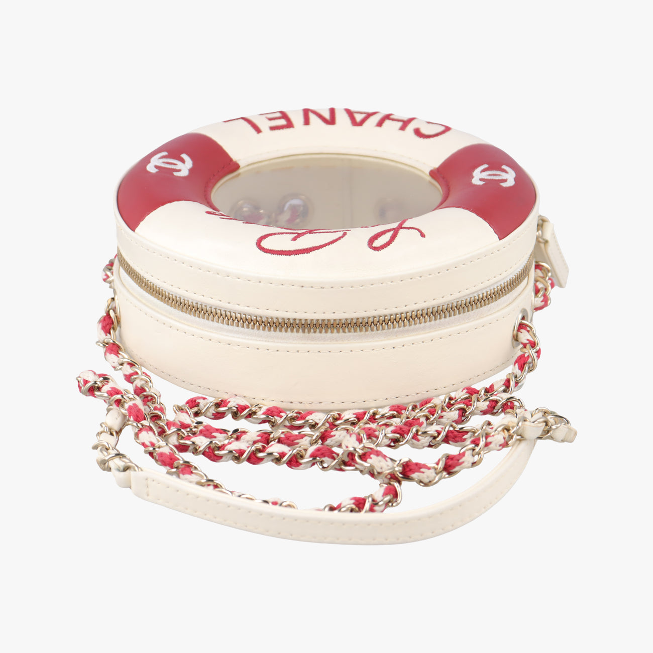 Pre-owned Chanel La Pausa Coco Lifesaver Round White×Red lambskin AS0209 shoulderbag | stylenewstar