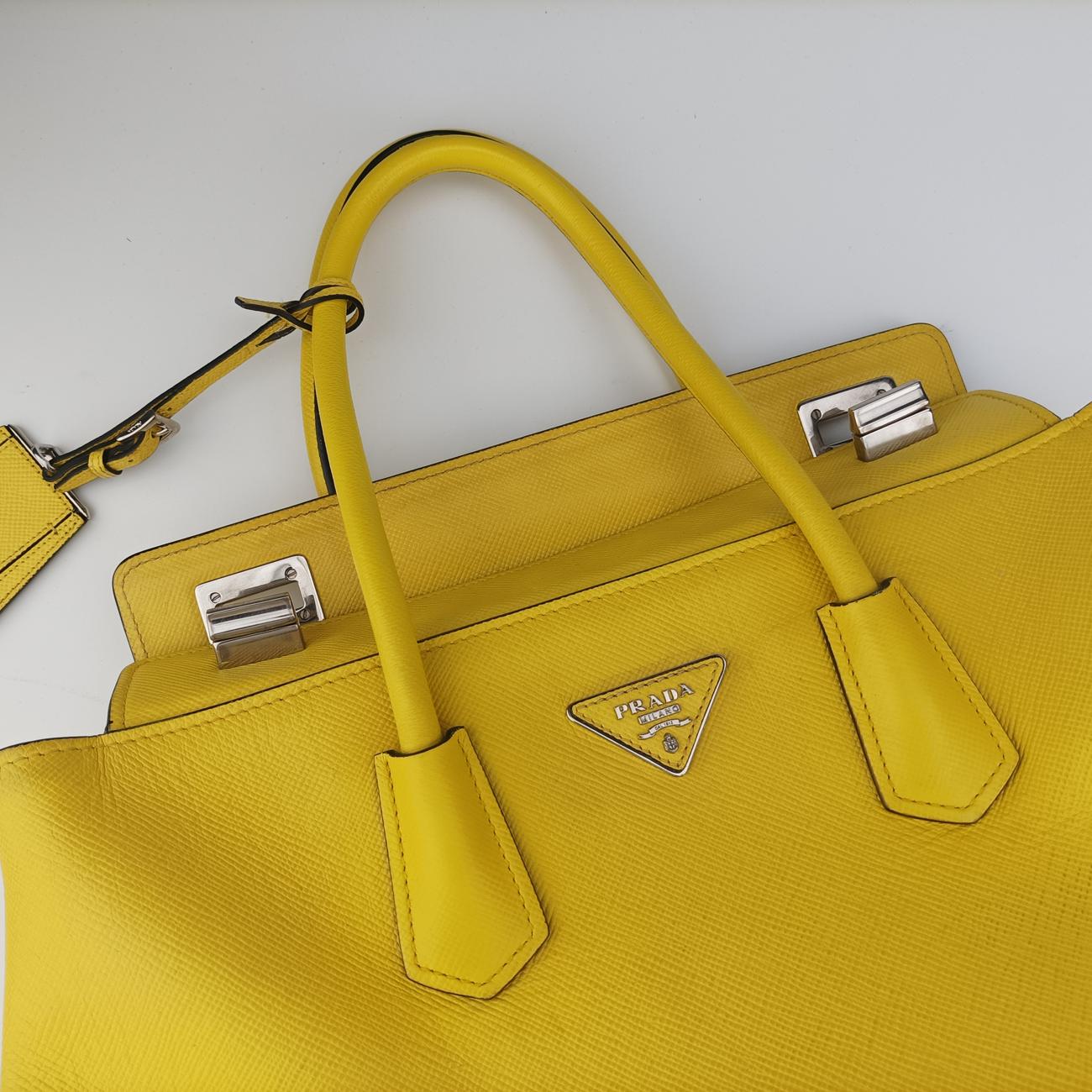 Pre-owned Prada Cuir Double　Satchel Yellow SAFFIANO　Leather BN2756 handbag | stylenewstar