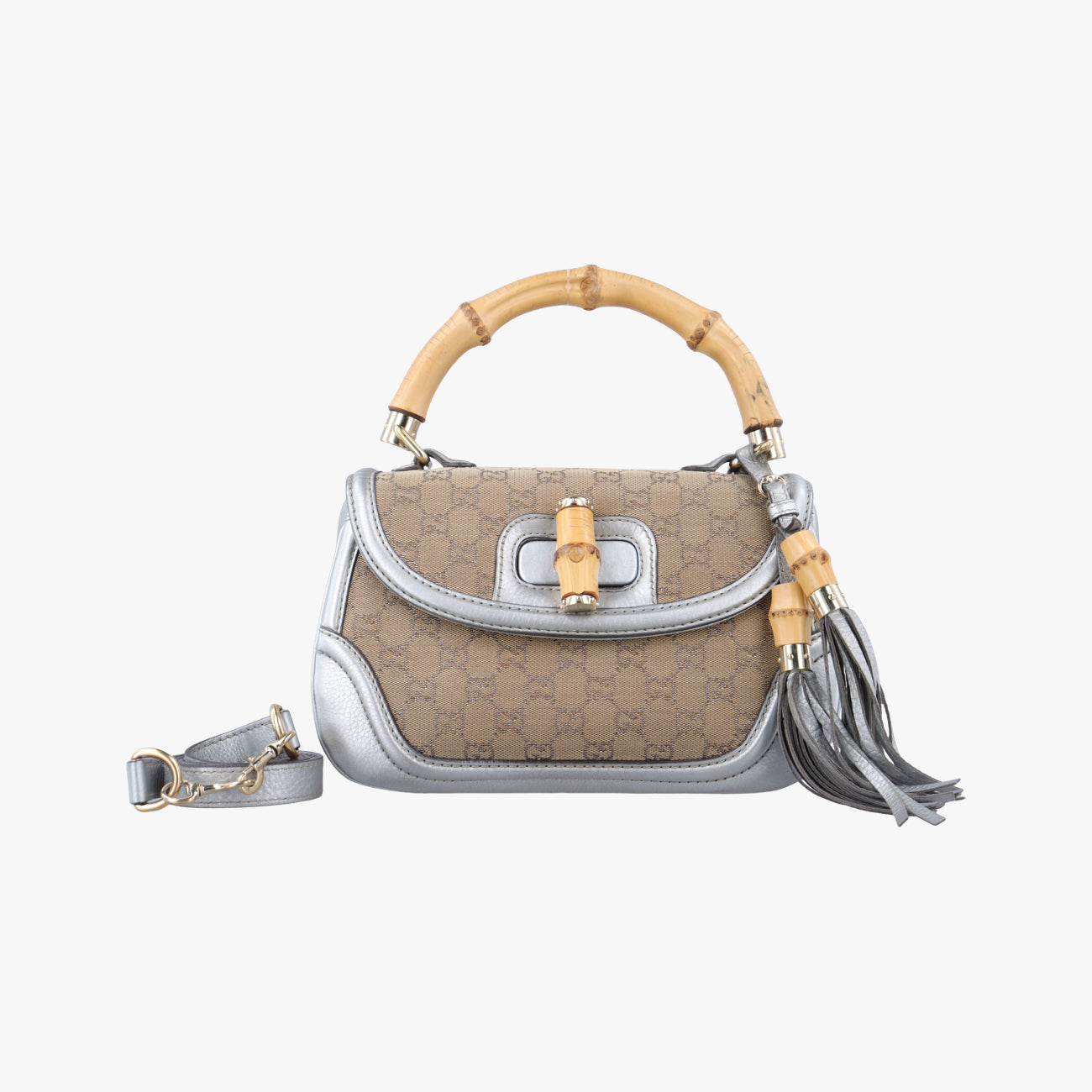 Vintage Gucci New Bamboo Beige×Silver canvas x leather 254884 shoulderbag | stylenewstar