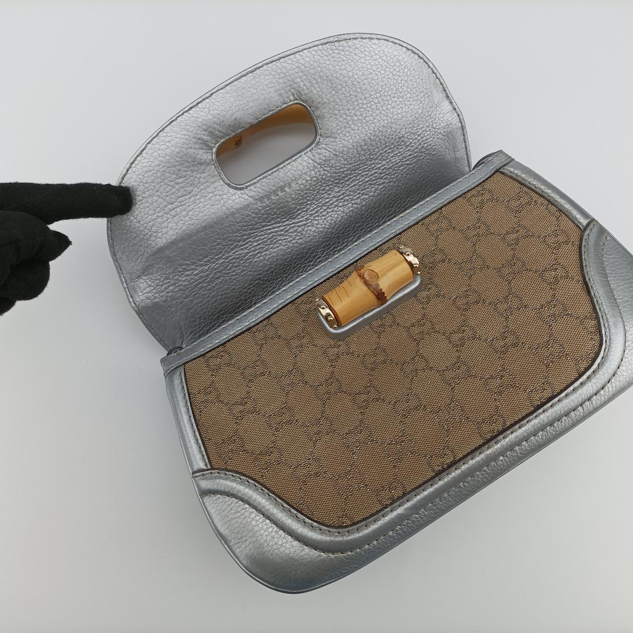 Vintage Gucci New Bamboo Beige×Silver canvas x leather 254884 shoulderbag | stylenewstar