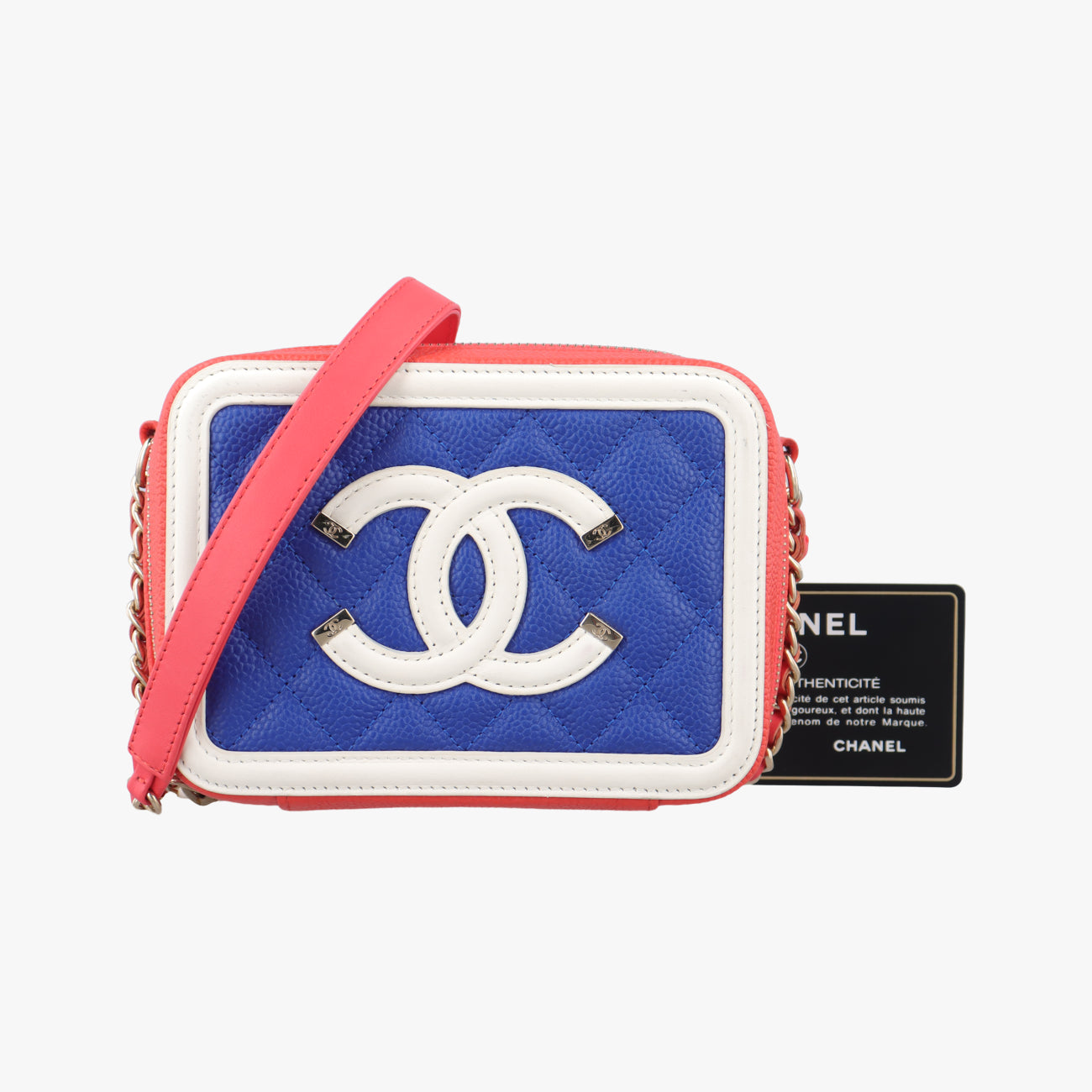 Pre-owned Chanel Filigree Vanity Case Top Handle Red x Blue x White Caviar Skin A84452 shoulderbag | stylenewstar