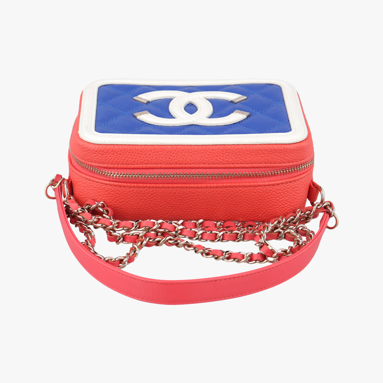 Pre-owned Chanel Filigree Vanity Case Top Handle Red x Blue x White Caviar Skin A84452 shoulderbag | stylenewstar