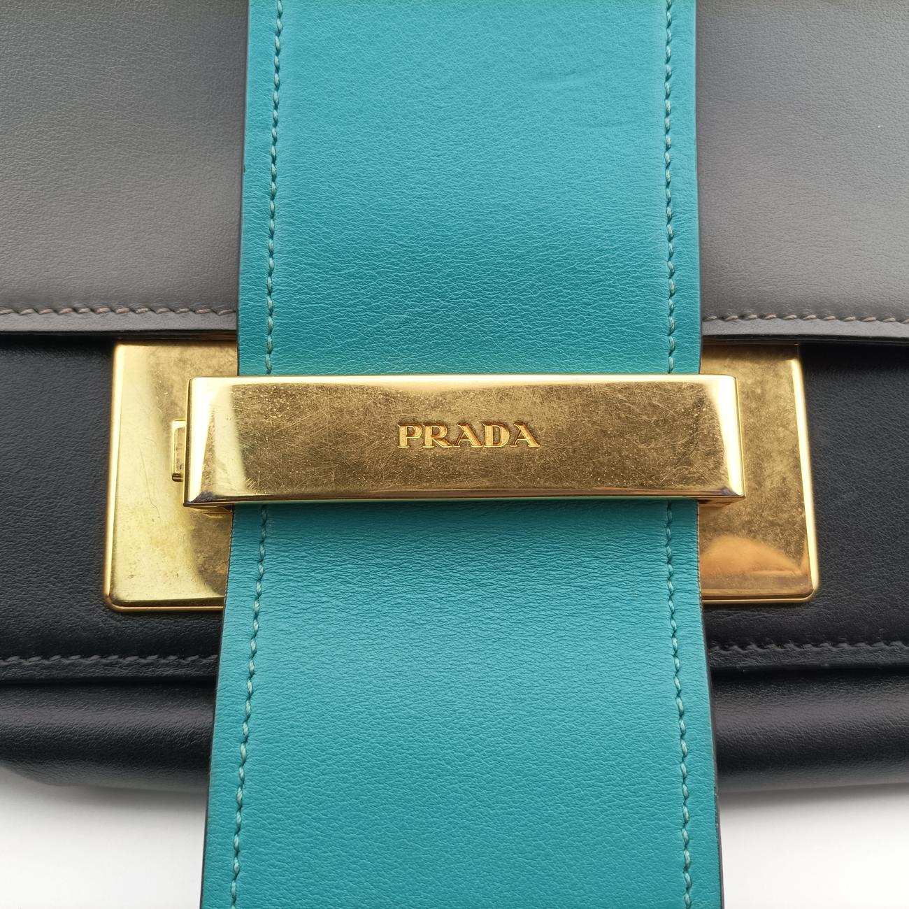 Pre-owned Prada Plex Ribbon black×green×grey Leather 1BD067 shoulderbag | stylenewstar