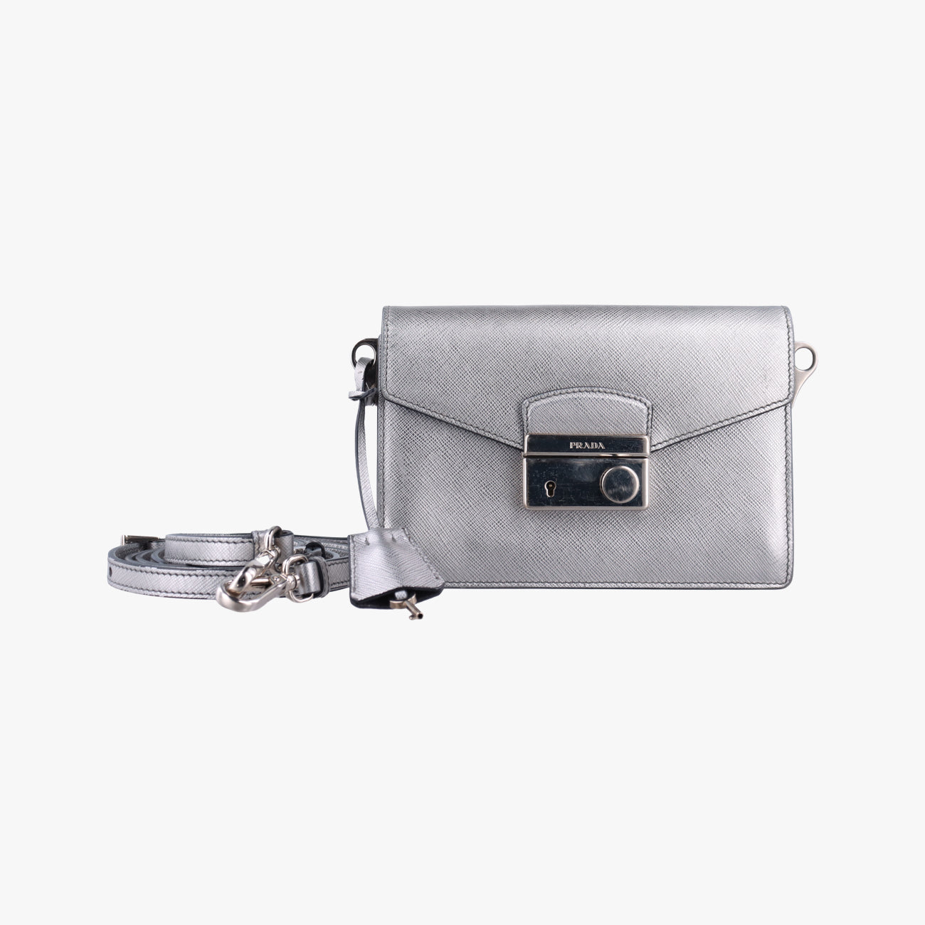 Pre-owned Prada Sound Lock Silver SAFFIANO Leather BT1037 shoulderbag | stylenewstar