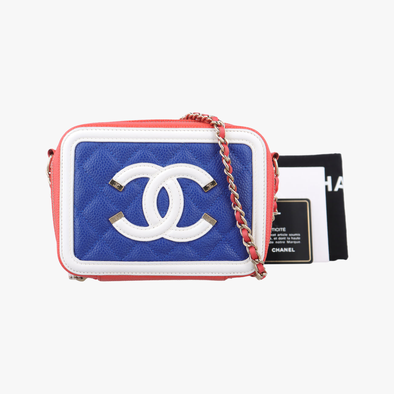 Pre-owned Chanel Filigree Vanity Case Blue x White x Red Caviar Skin A84452 shoulderbag | stylenewstar