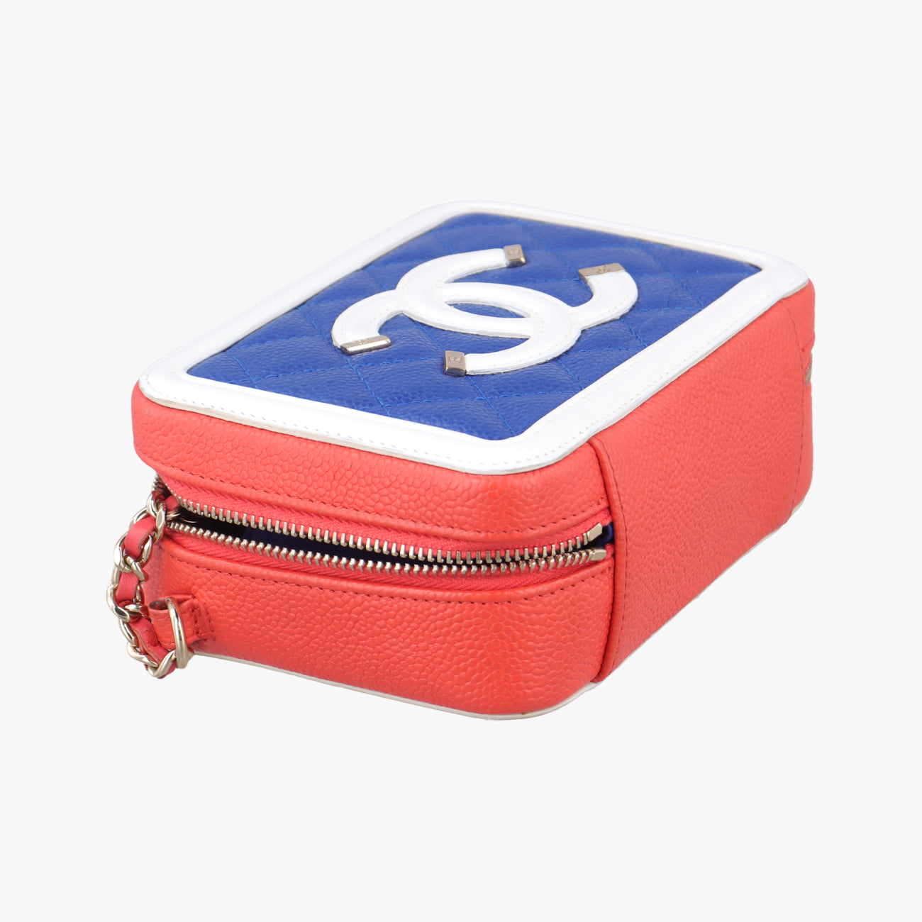 Pre-owned Chanel Filigree Vanity Case Blue x White x Red Caviar Skin A84452 shoulderbag | stylenewstar
