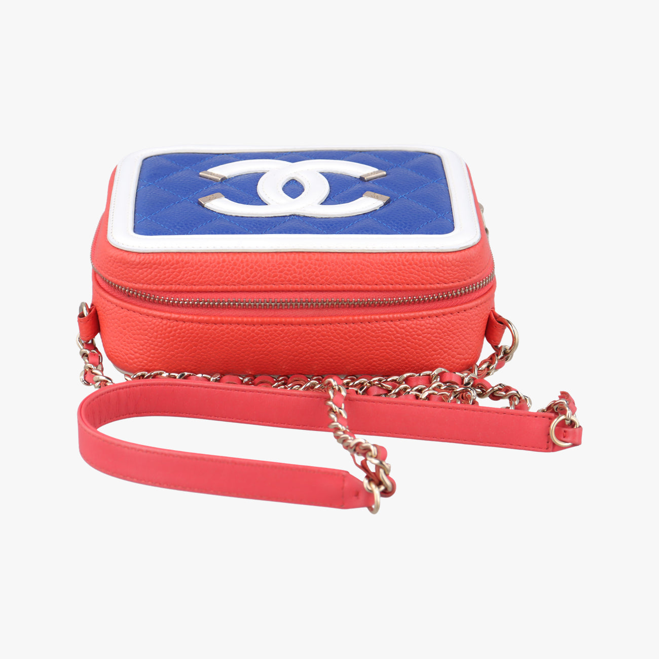 Pre-owned Chanel Filigree Vanity Case Blue x White x Red Caviar Skin A84452 shoulderbag | stylenewstar